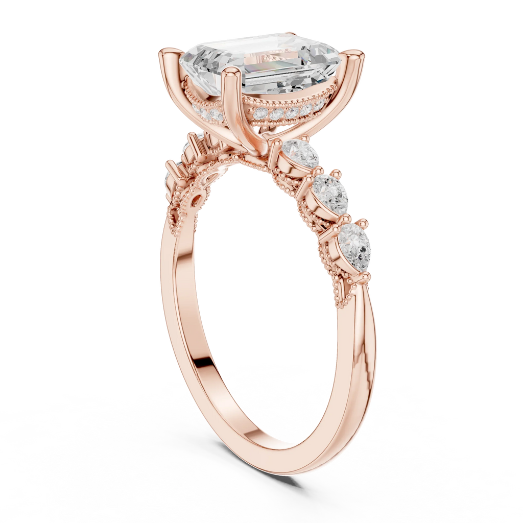 14K White Gold 2.33 CTW Emerald Cut Moissanite Engagement Diamond Ring with Pear Shape Side Stones