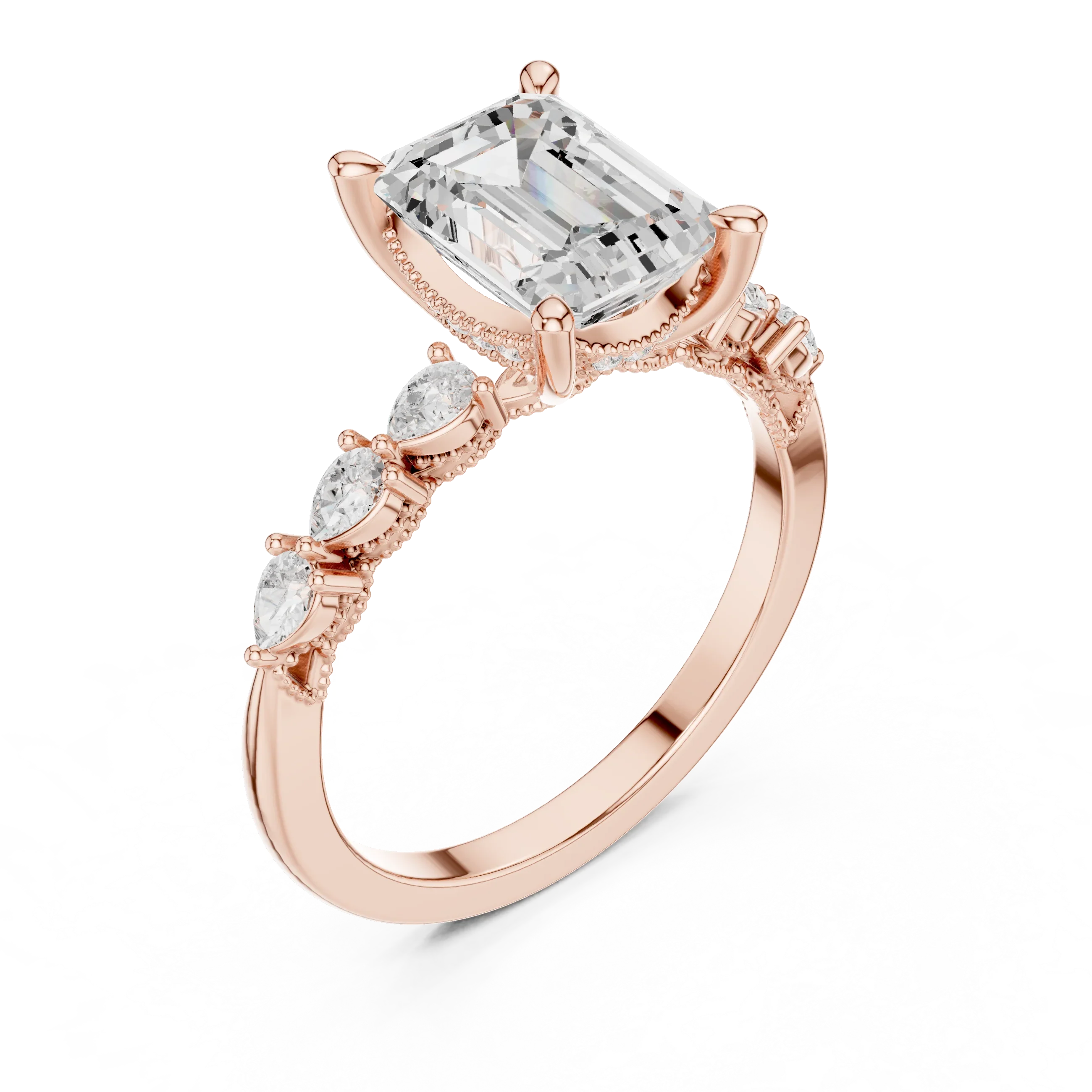14K White Gold 2.33 CTW Emerald Cut Moissanite Engagement Diamond Ring with Pear Shape Side Stones