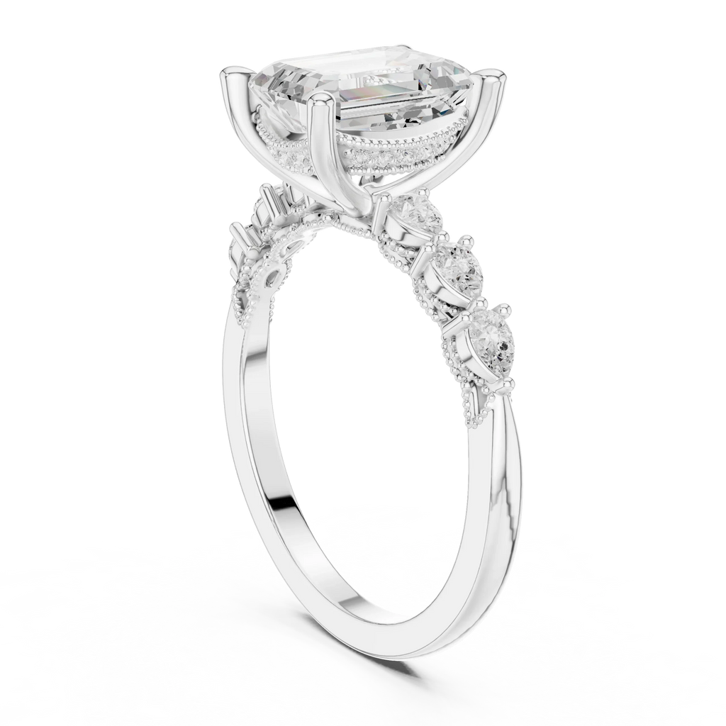 14K White Gold 2.33 CTW Emerald Cut Moissanite Engagement Diamond Ring with Pear Shape Side Stones