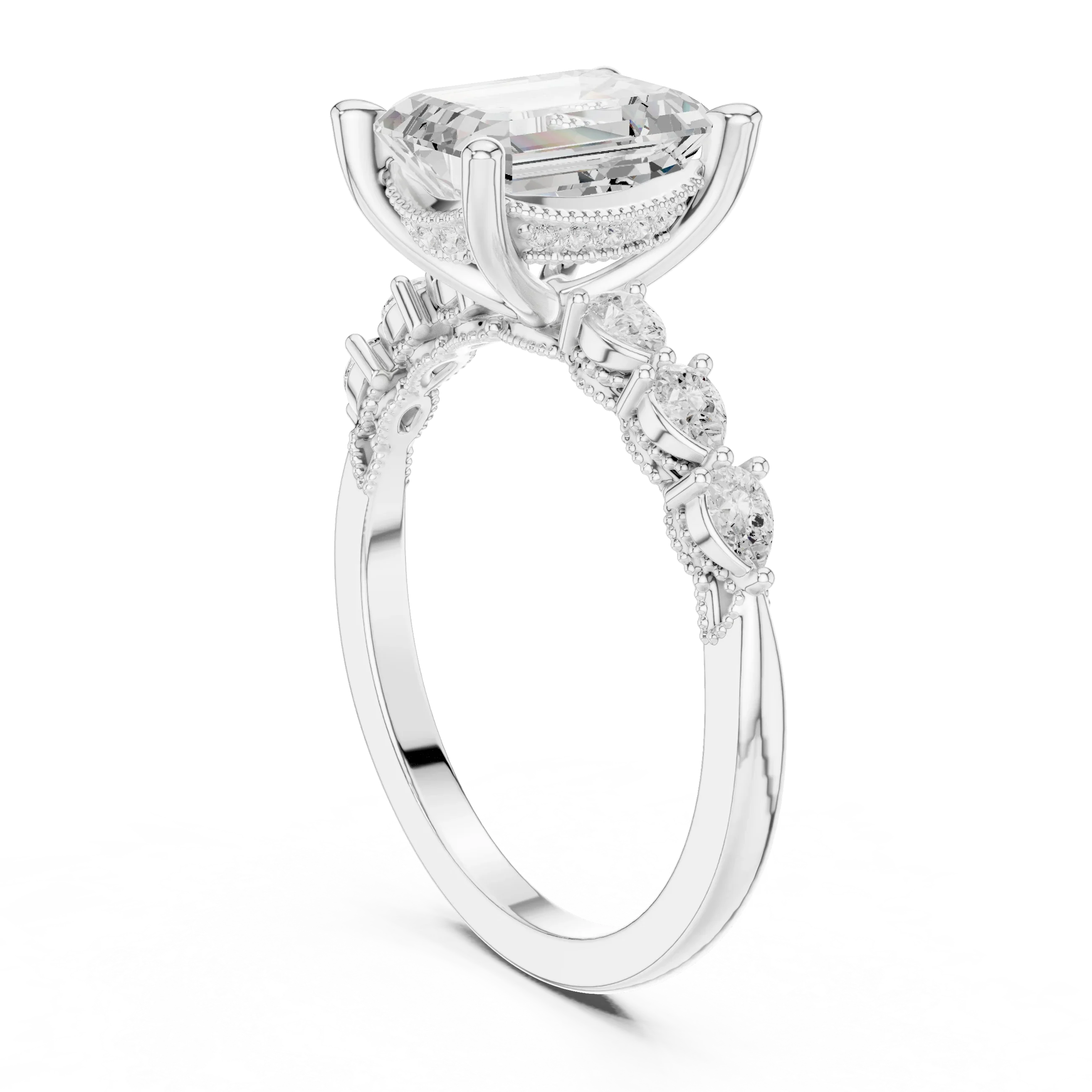 14K White Gold 2.33 CTW Emerald Cut Moissanite Engagement Diamond Ring with Pear Shape Side Stones