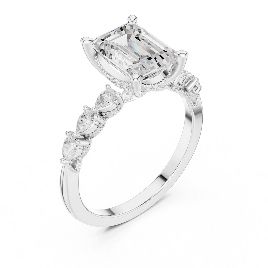 14K White Gold 2.33 CTW Emerald Cut Moissanite Engagement Diamond Ring with Pear Shape Side Stones