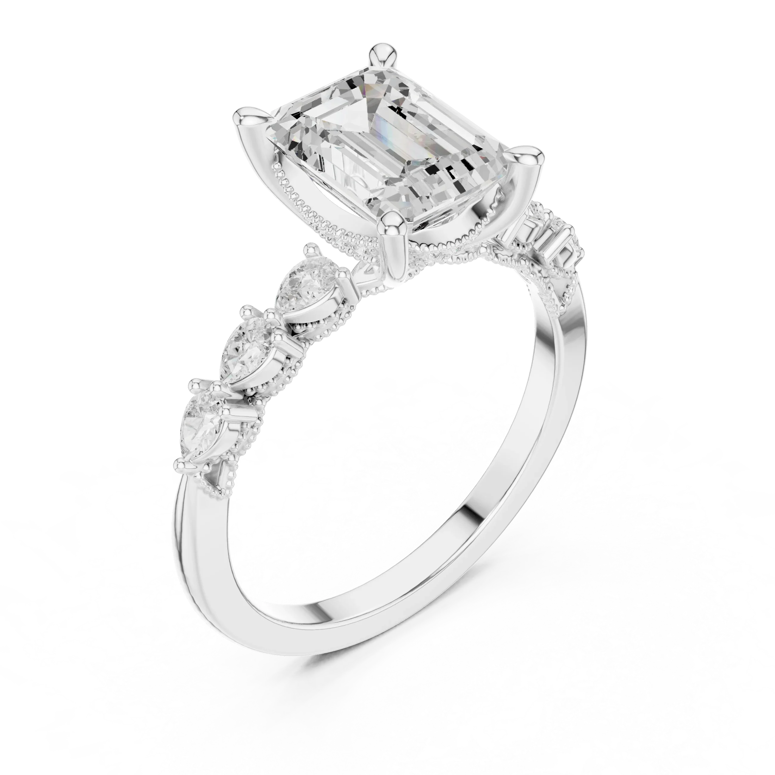 14K White Gold 2.33 CTW Emerald Cut Moissanite Engagement Diamond Ring with Pear Shape Side Stones