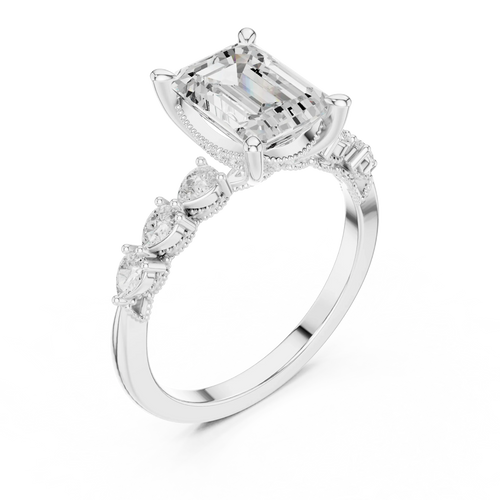 14K White Gold 2.33 CTW Emerald Cut Moissanite Engagement Diamond Ring with Pear Shape Side Stones