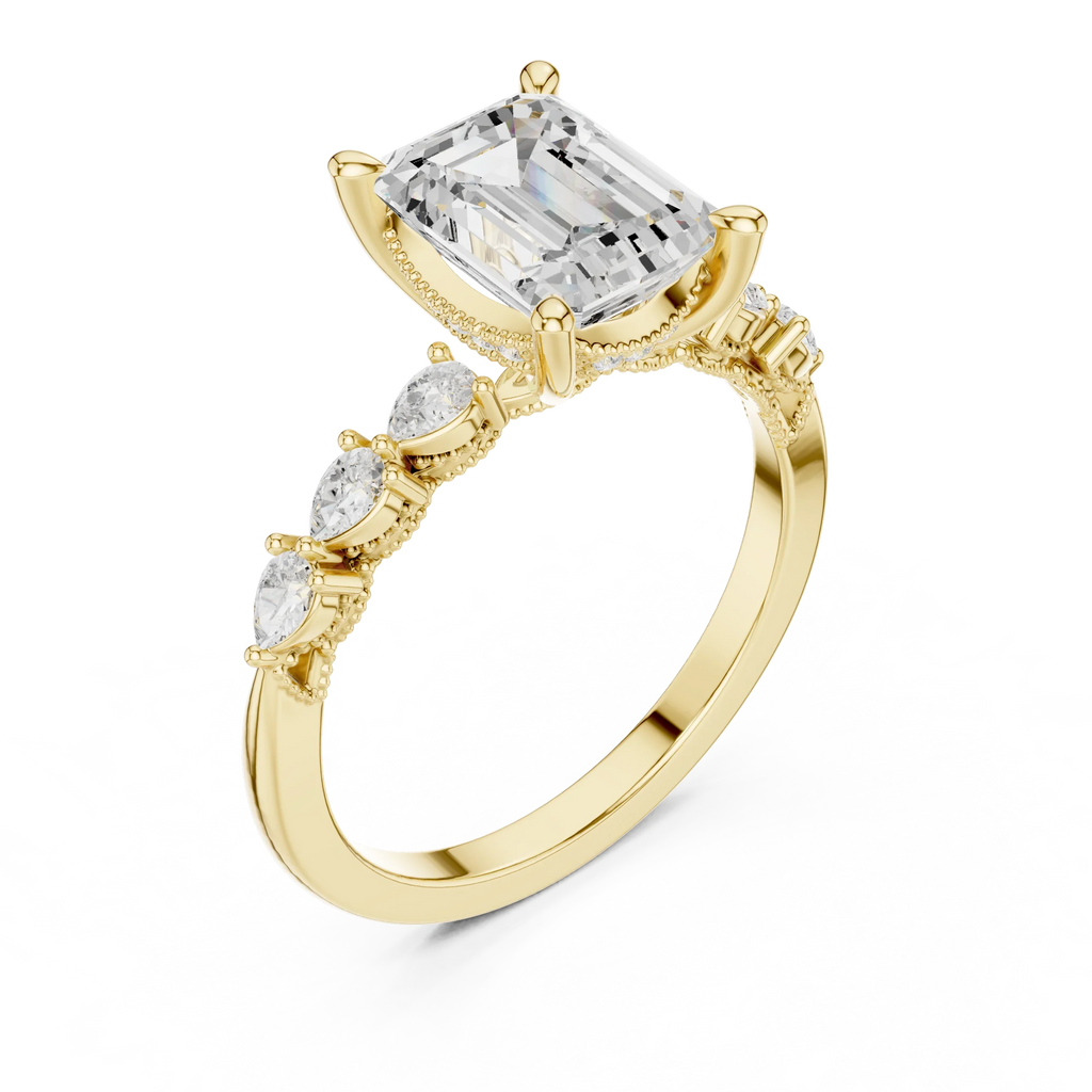 14K White Gold 2.33 CTW Emerald Cut Moissanite Engagement Diamond Ring with Pear Shape Side Stones