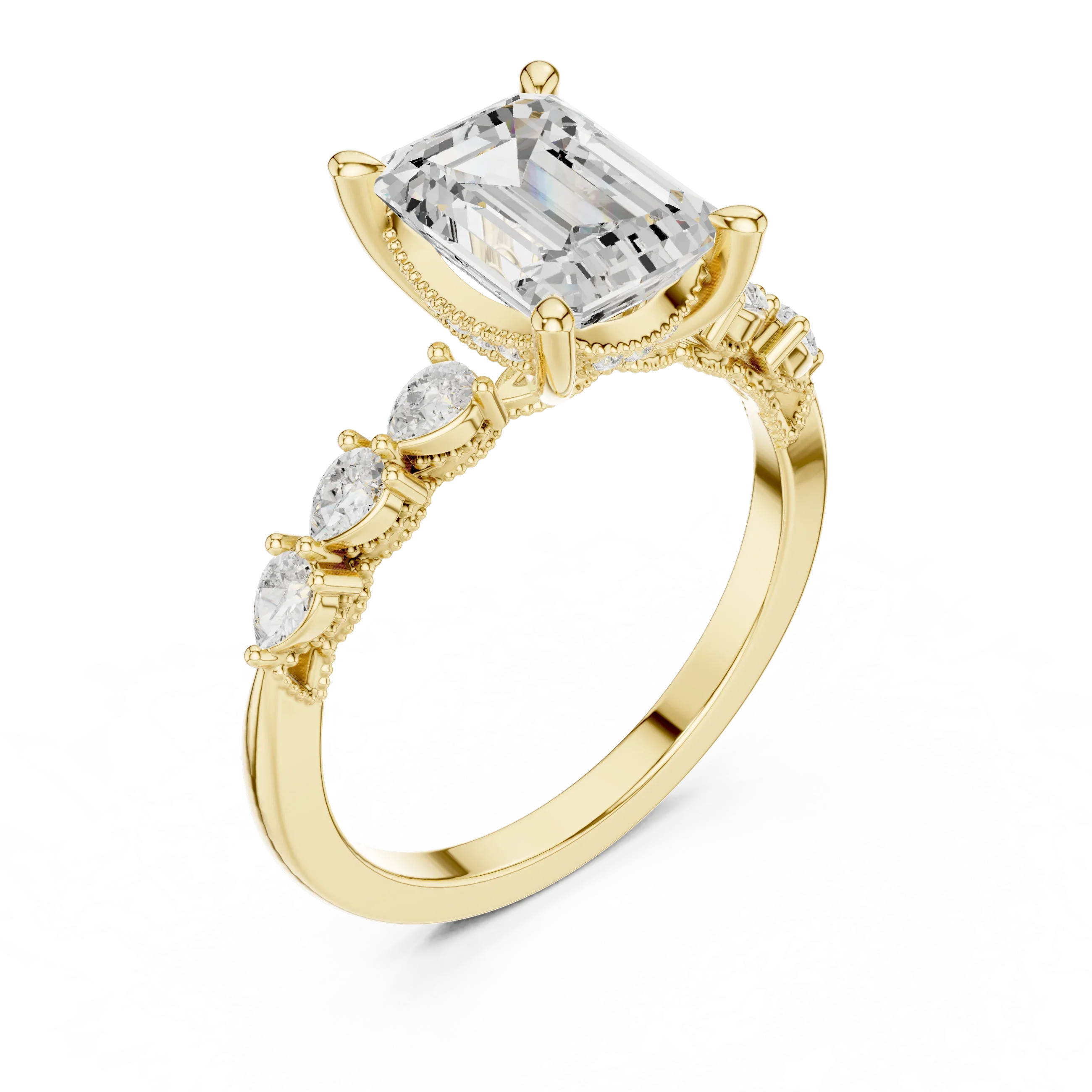 14K White Gold 2.33 CTW Emerald Cut Moissanite Engagement Diamond Ring with Pear Shape Side Stones