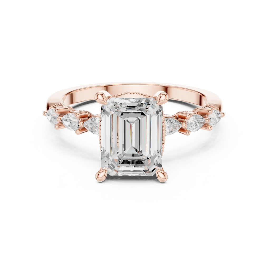 14K White Gold 2.33 CTW Emerald Cut Moissanite Engagement Diamond Ring with Pear Shape Side Stones