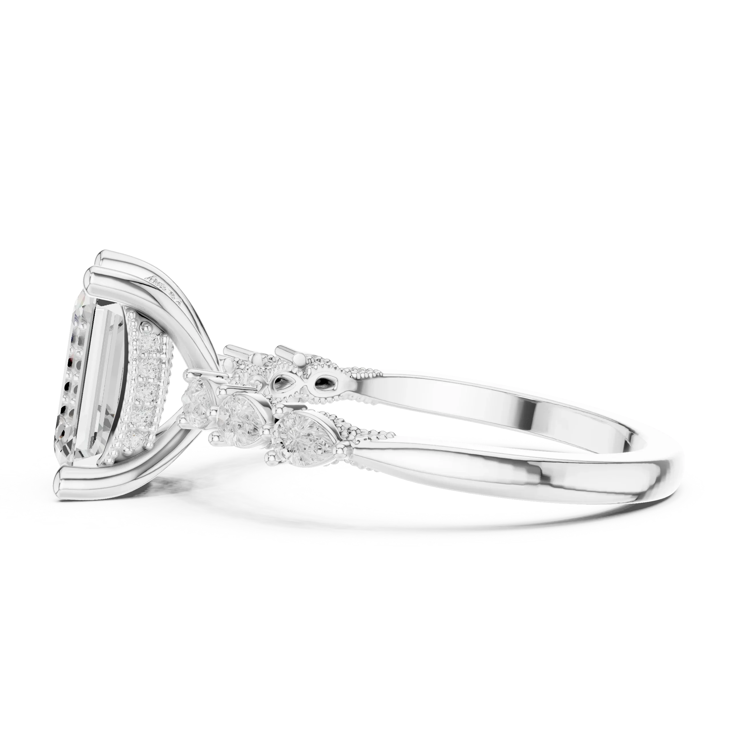 14K White Gold 2.33 CTW Emerald Cut Moissanite Engagement Diamond Ring with Pear Shape Side Stones