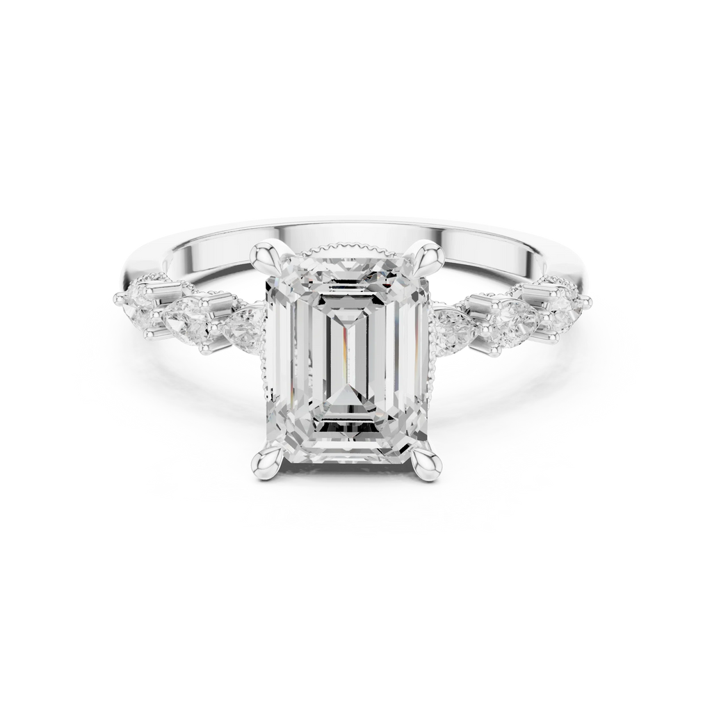14K White Gold 2.33 CTW Emerald Cut Moissanite Engagement Diamond Ring with Pear Shape Side Stones