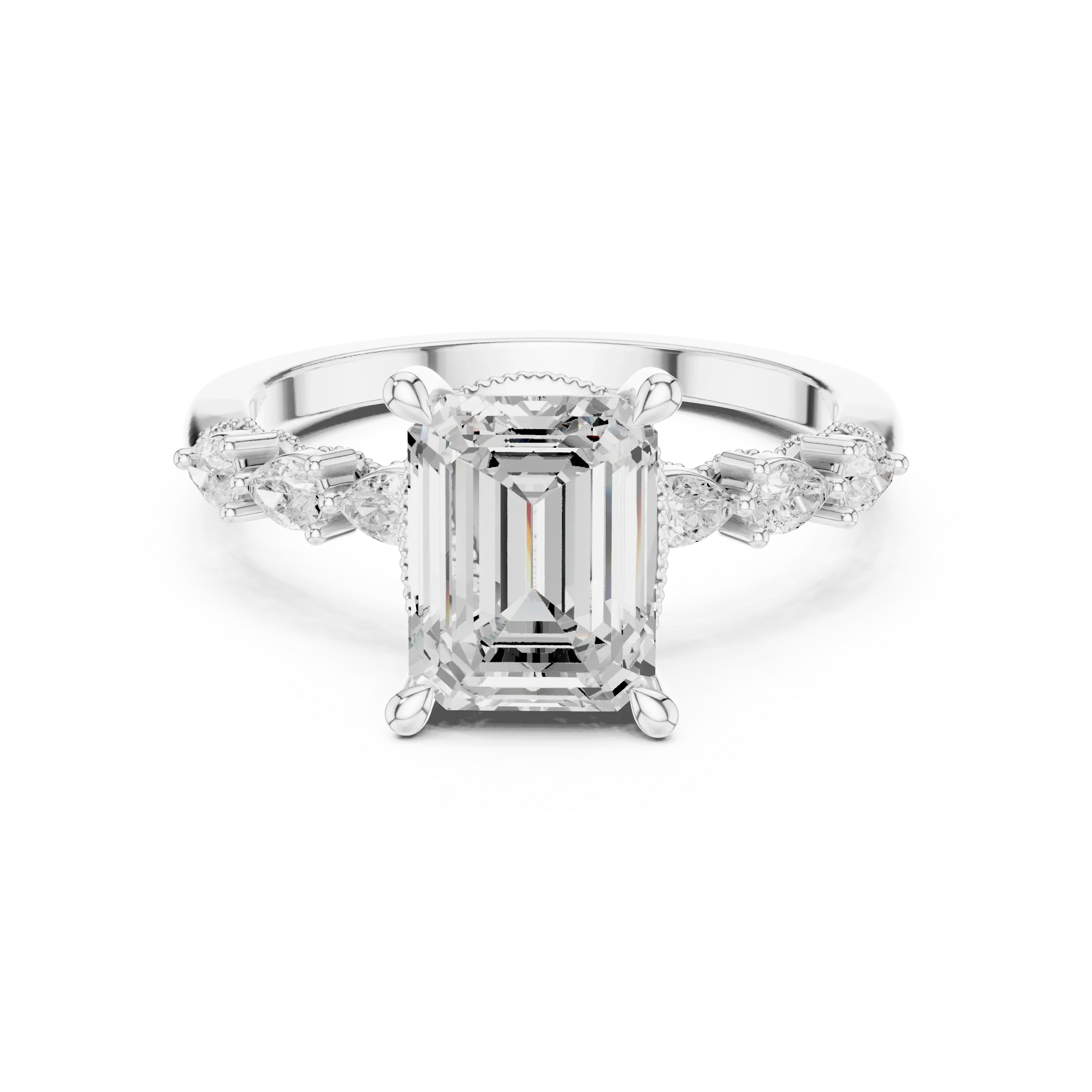14K White Gold 2.33 CTW Emerald Cut Moissanite Engagement Diamond Ring with Pear Shape Side Stones