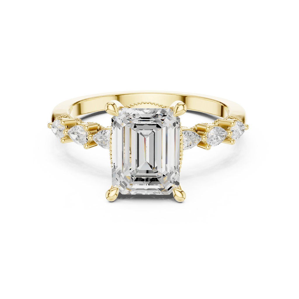 14K White Gold 2.33 CTW Emerald Cut Moissanite Engagement Diamond Ring with Pear Shape Side Stones
