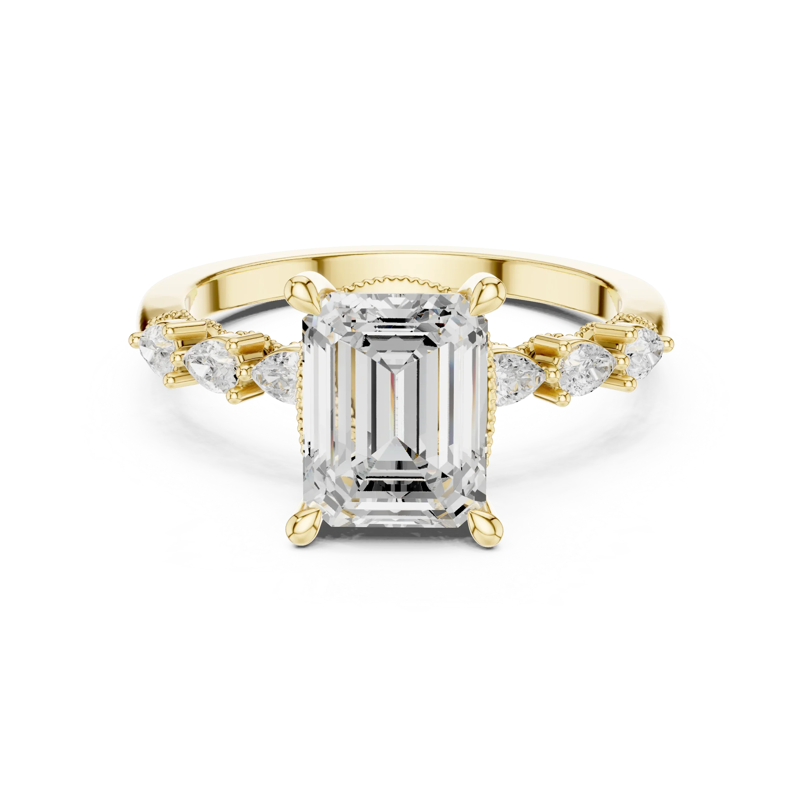 14K White Gold 2.33 CTW Emerald Cut Moissanite Engagement Diamond Ring with Pear Shape Side Stones
