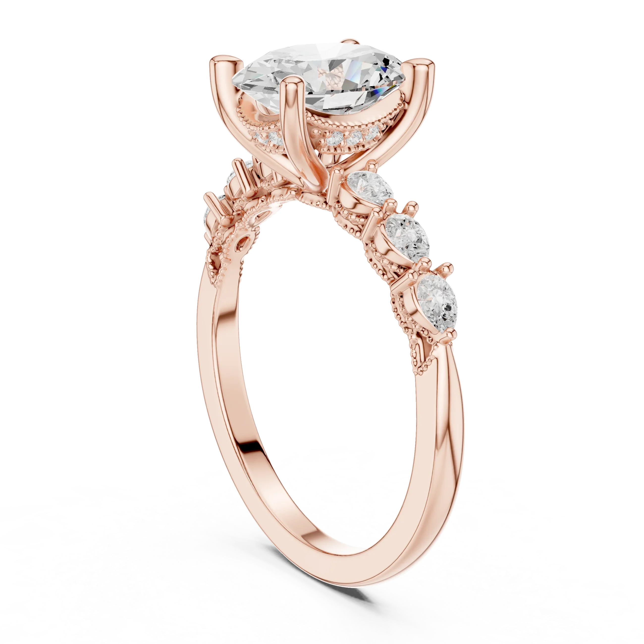 14K White Gold 2.33 CTW Oval Cut Moissanite Engagement Diamond Ring with Pear Shape Side Stones