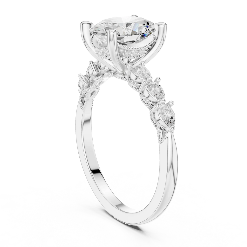 14K White Gold 2.33 CTW Oval Cut Moissanite Engagement Diamond Ring with Pear Shape Side Stones