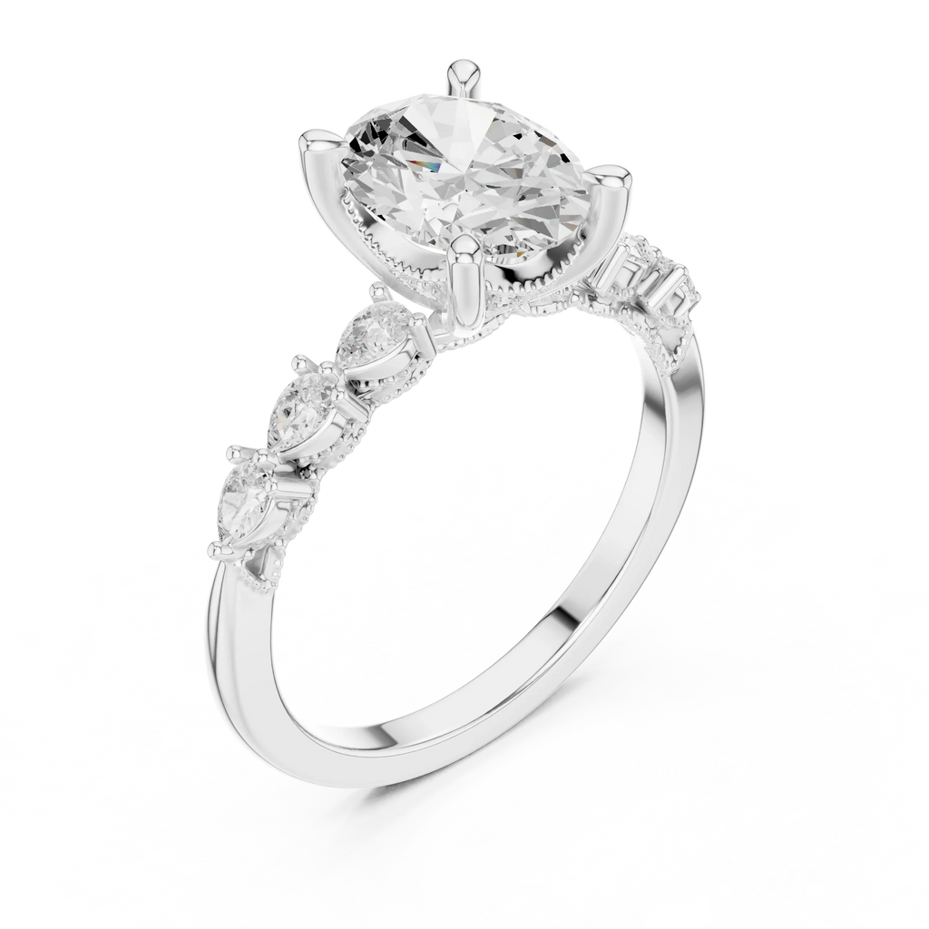 14K White Gold 2.33 CTW Oval Cut Moissanite Engagement Diamond Ring with Pear Shape Side Stones