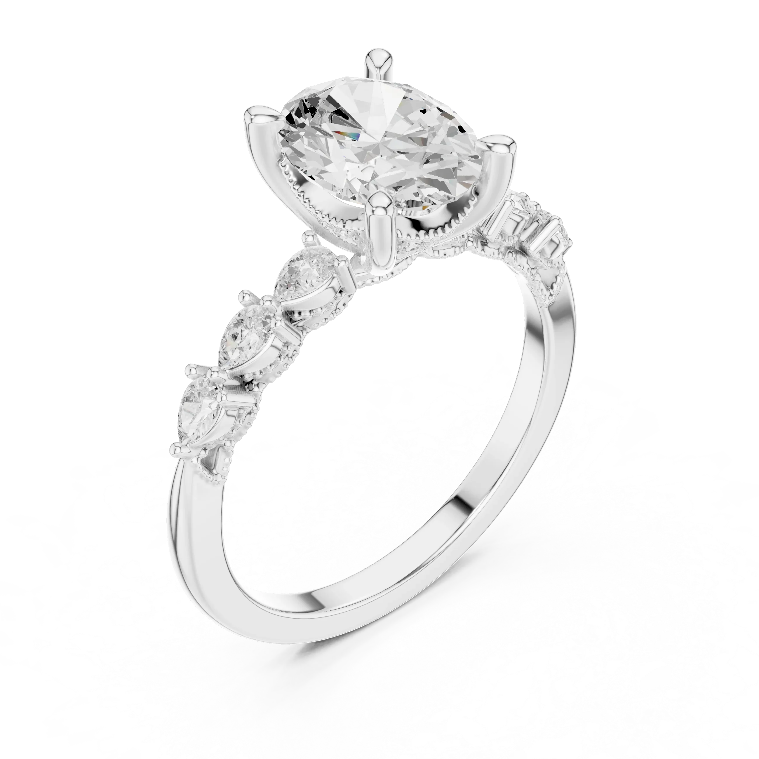 14K White Gold 2.33 CTW Oval Cut Moissanite Engagement Diamond Ring with Pear Shape Side Stones