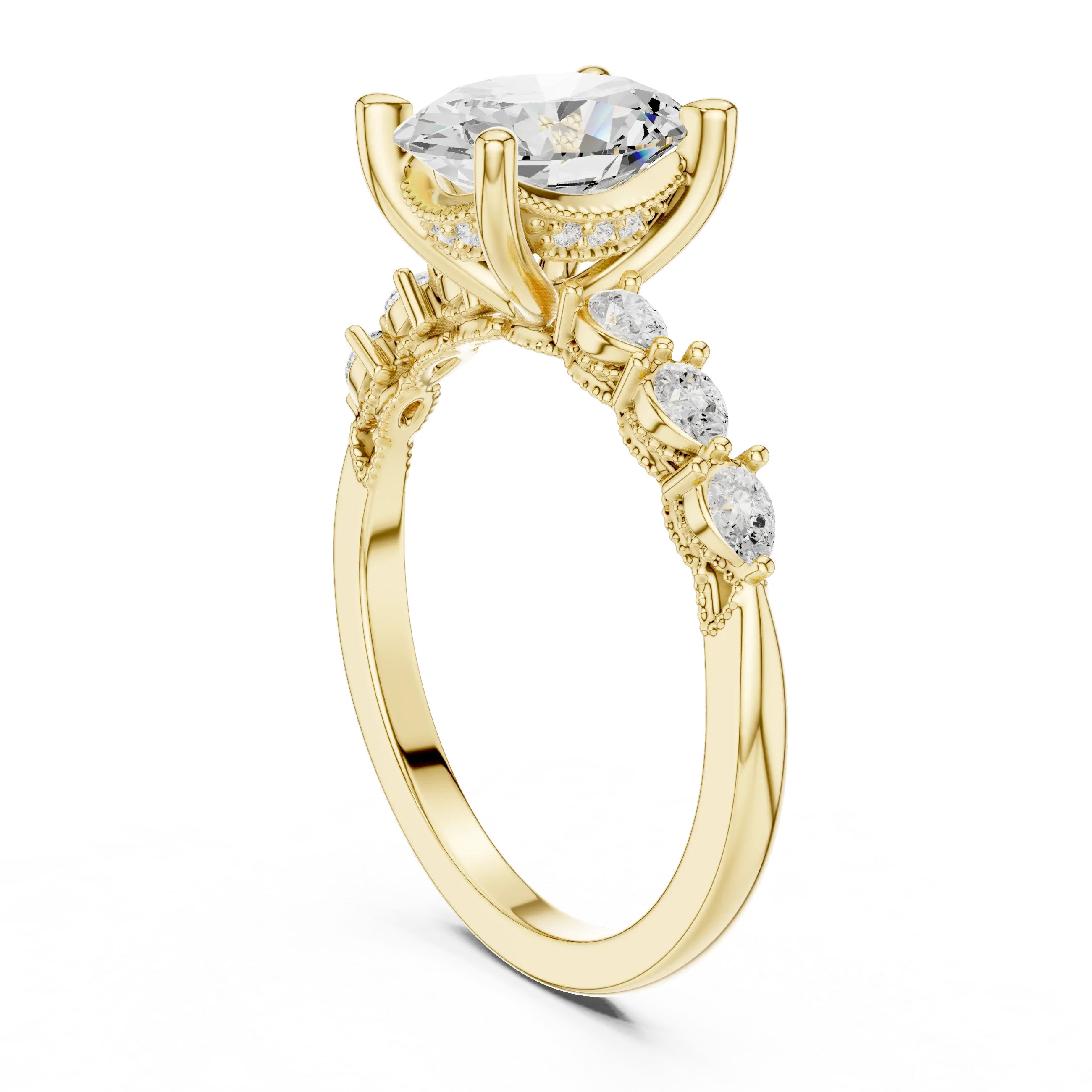 14K White Gold 2.33 CTW Oval Cut Moissanite Engagement Diamond Ring with Pear Shape Side Stones