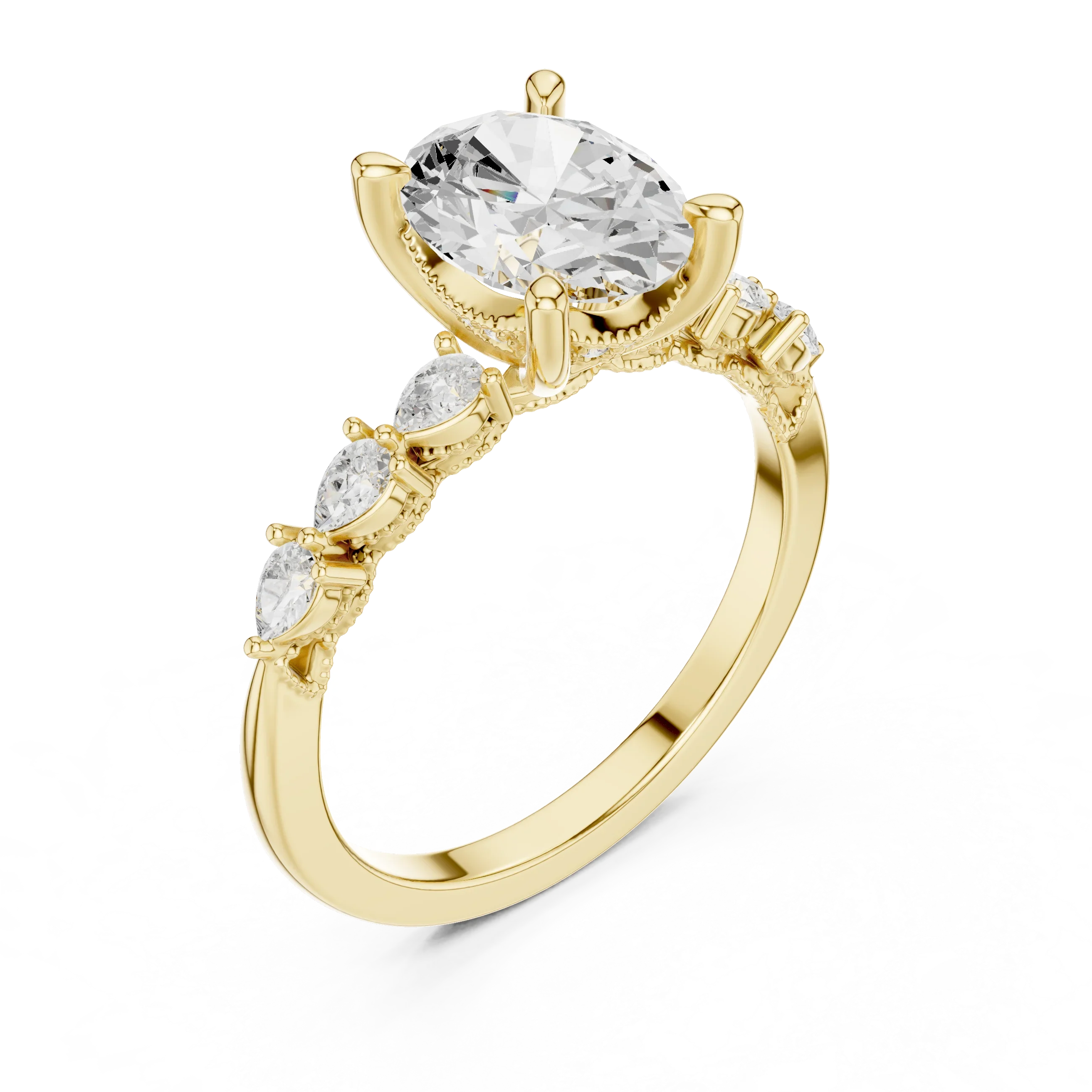14K White Gold 2.33 CTW Oval Cut Moissanite Engagement Diamond Ring with Pear Shape Side Stones
