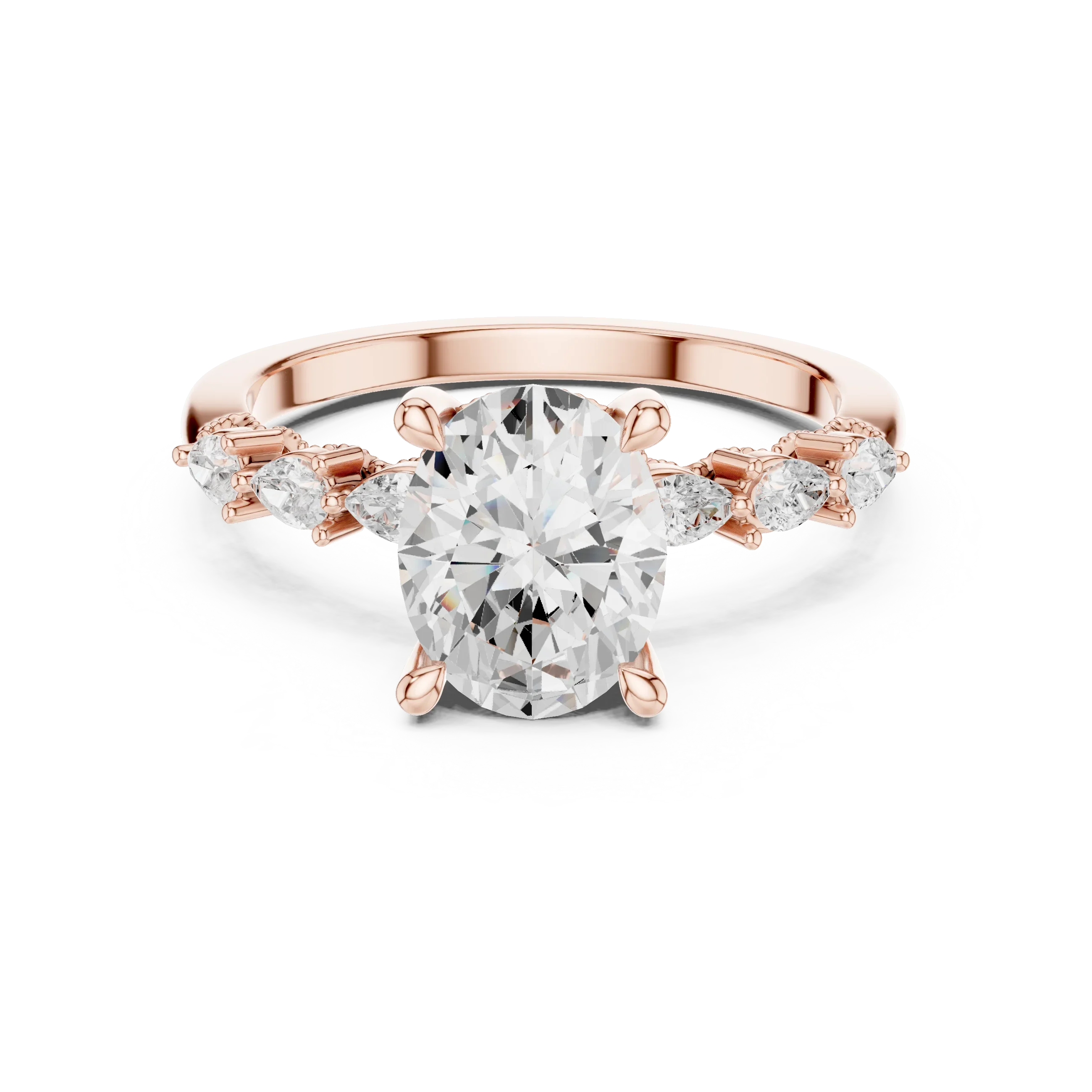 14K White Gold 2.33 CTW Oval Cut Moissanite Engagement Diamond Ring with Pear Shape Side Stones