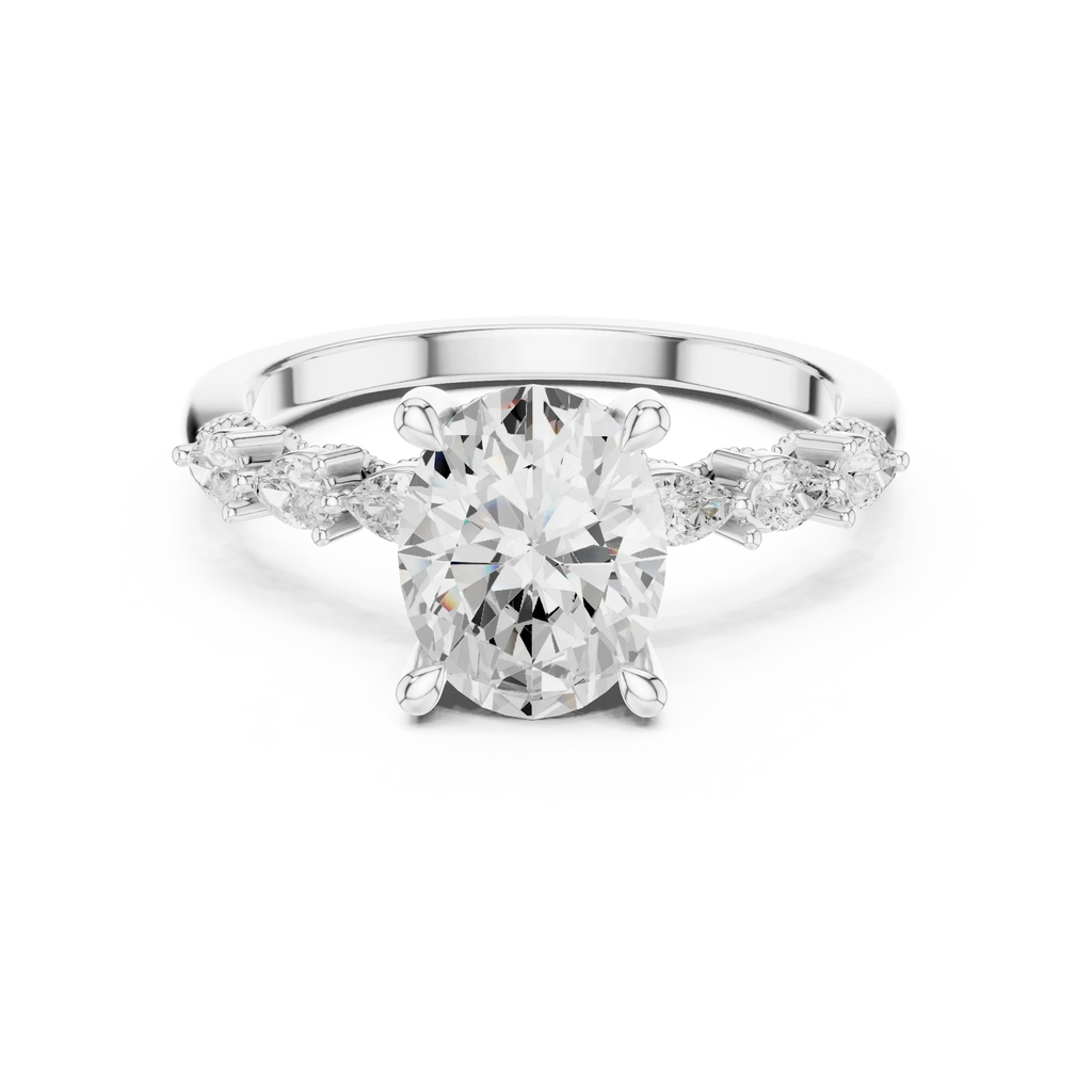14K White Gold 2.33 CTW Oval Cut Moissanite Engagement Diamond Ring with Pear Shape Side Stones
