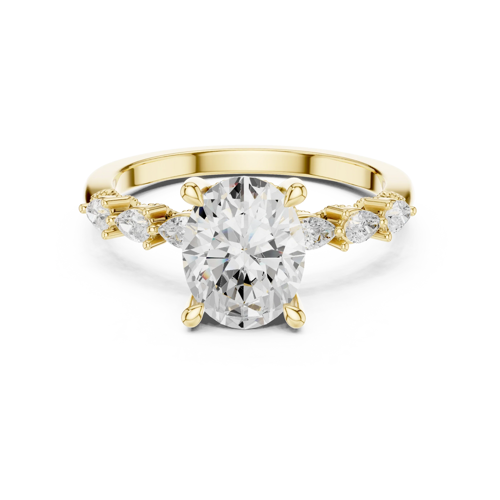 14K White Gold 2.33 CTW Oval Cut Moissanite Engagement Diamond Ring with Pear Shape Side Stones
