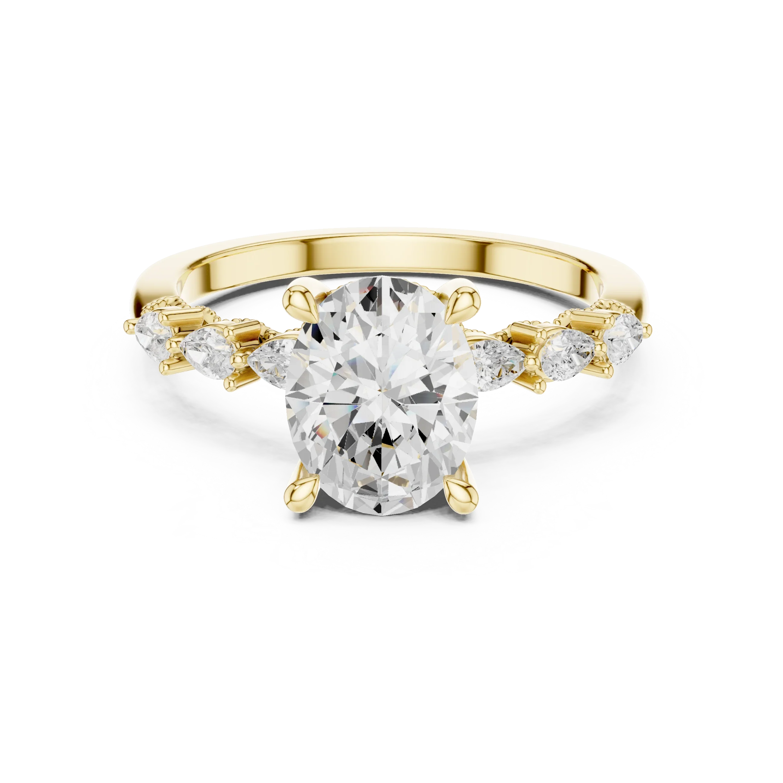 14K White Gold 2.33 CTW Oval Cut Moissanite Engagement Diamond Ring with Pear Shape Side Stones