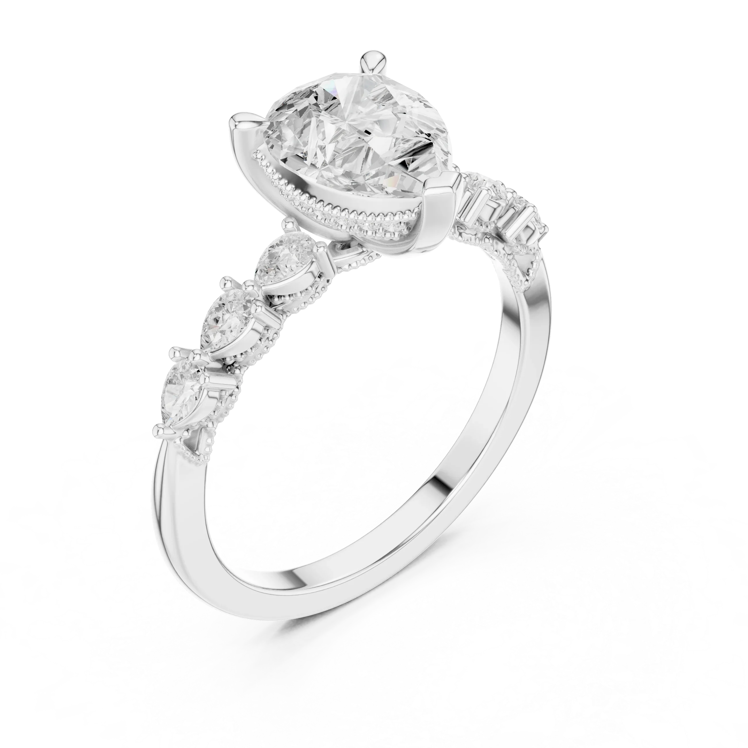 14K White Gold 2.33 CTW Pear Cut Moissanite Engagement Diamond Ring with Pear Shape Side Stones