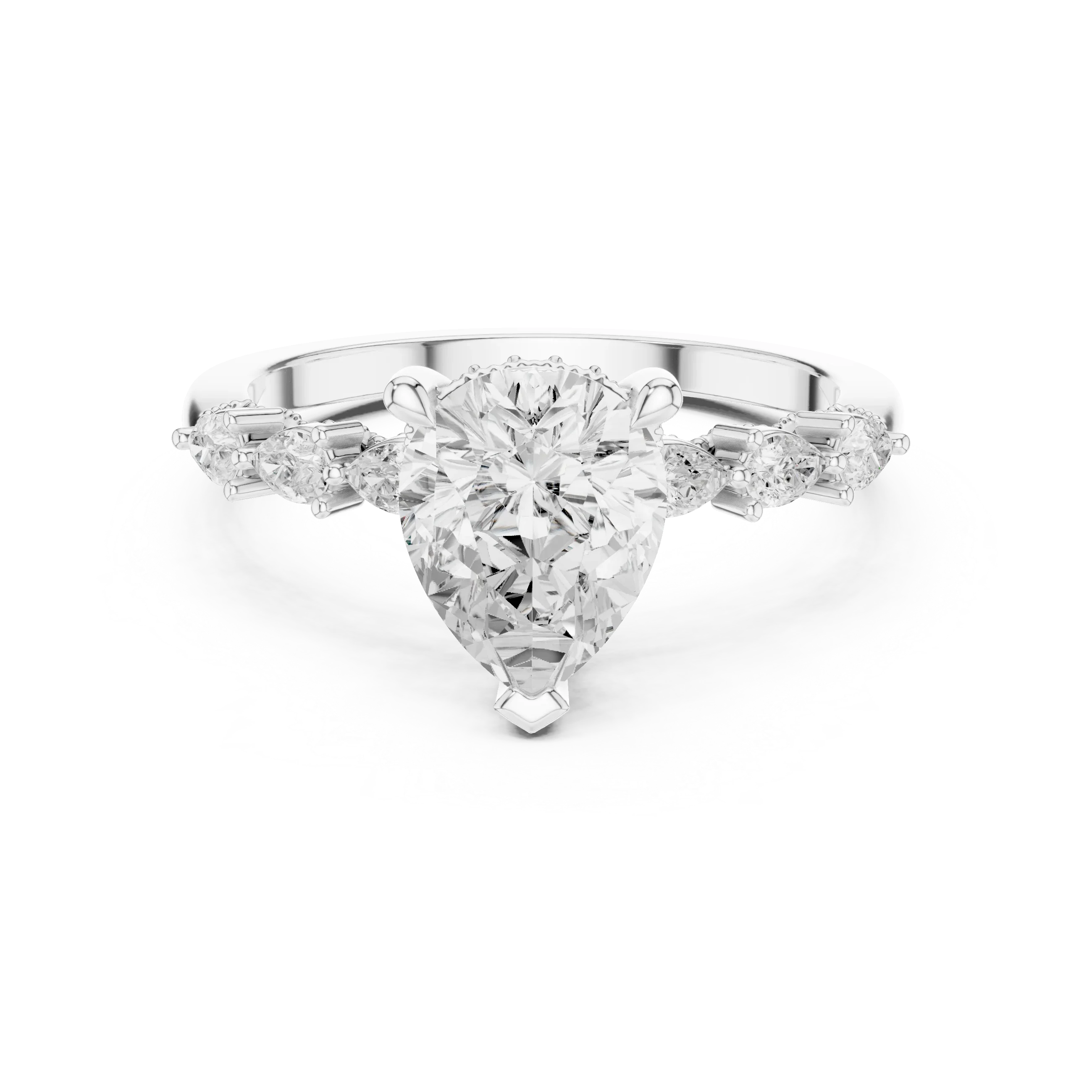 14K White Gold 2.33 CTW Pear Cut Moissanite Engagement Diamond Ring with Pear Shape Side Stones