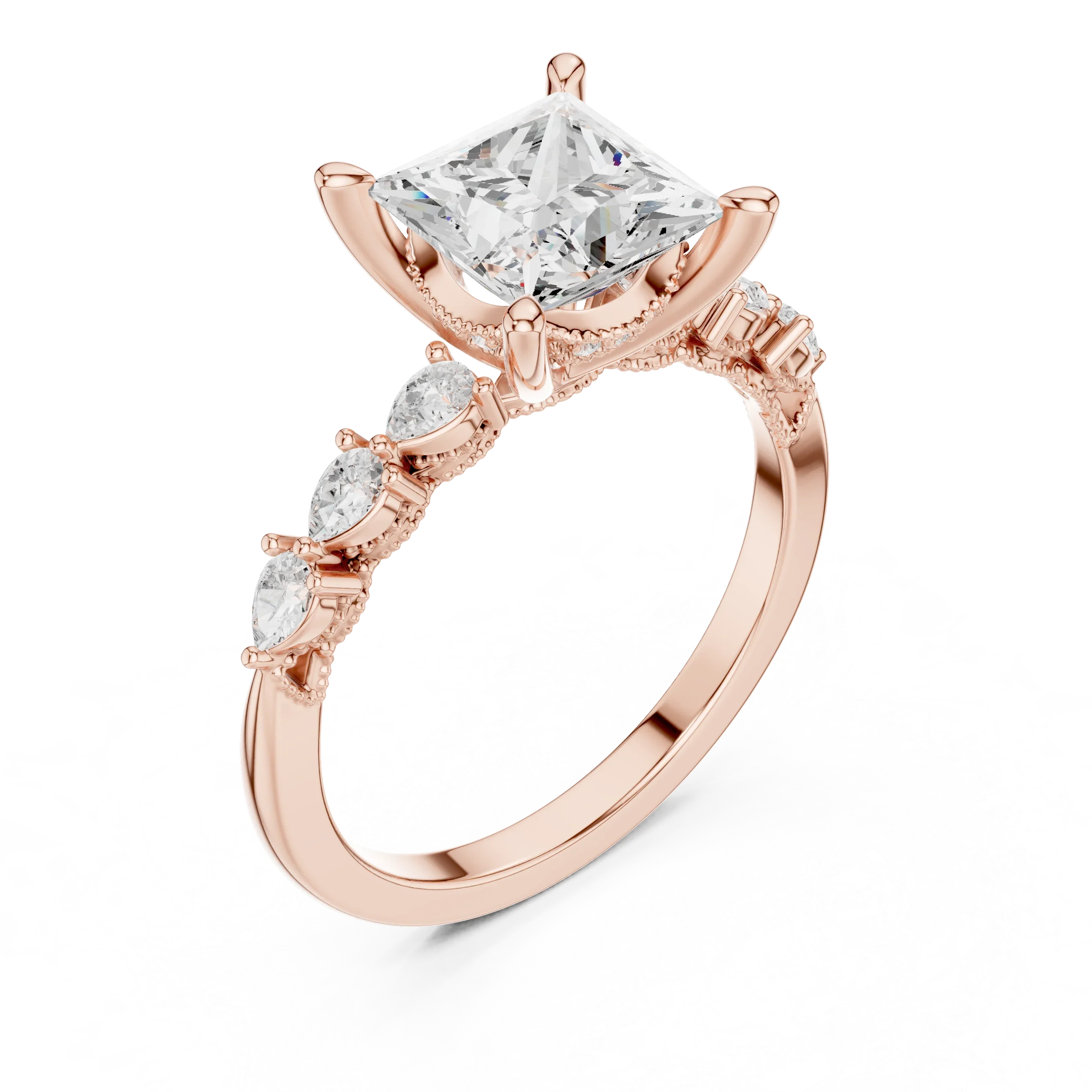 14K White Gold 2.33 CTW Princess Cut Moissanite Engagement Diamond Ring with Pear Shape Side Stones