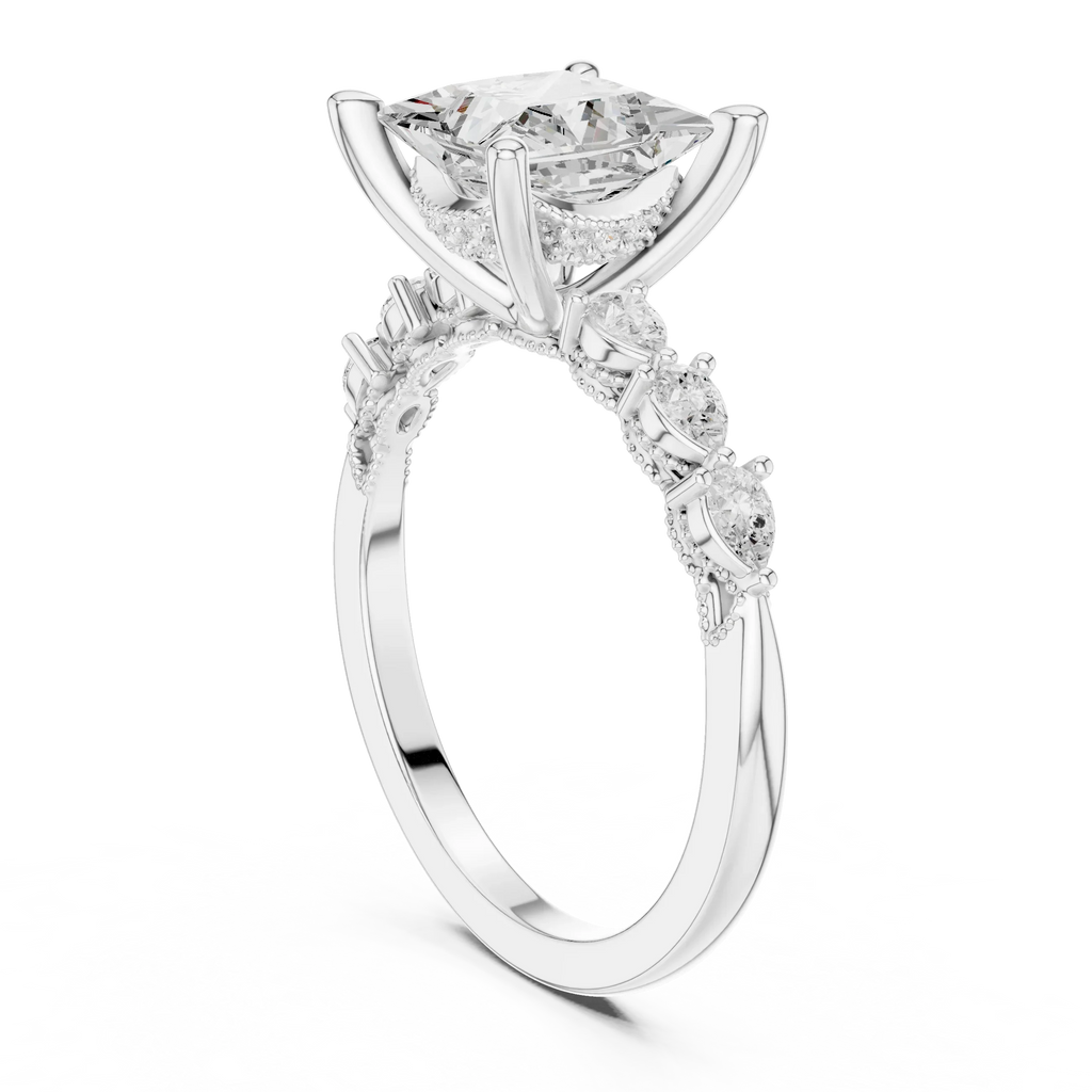 14K White Gold 2.33 CTW Princess Cut Moissanite Engagement Diamond Ring with Pear Shape Side Stones