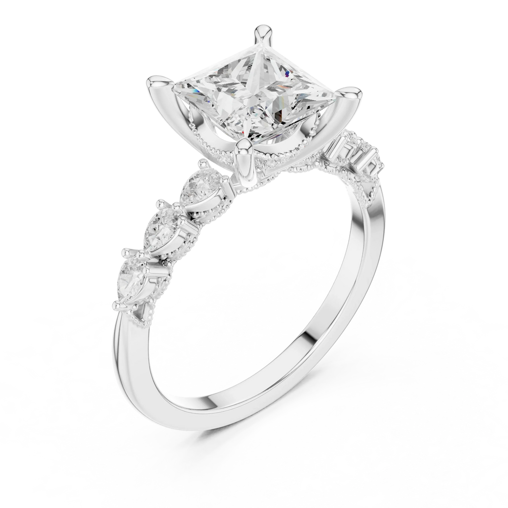 14K White Gold 2.33 CTW Princess Cut Moissanite Engagement Diamond Ring with Pear Shape Side Stones