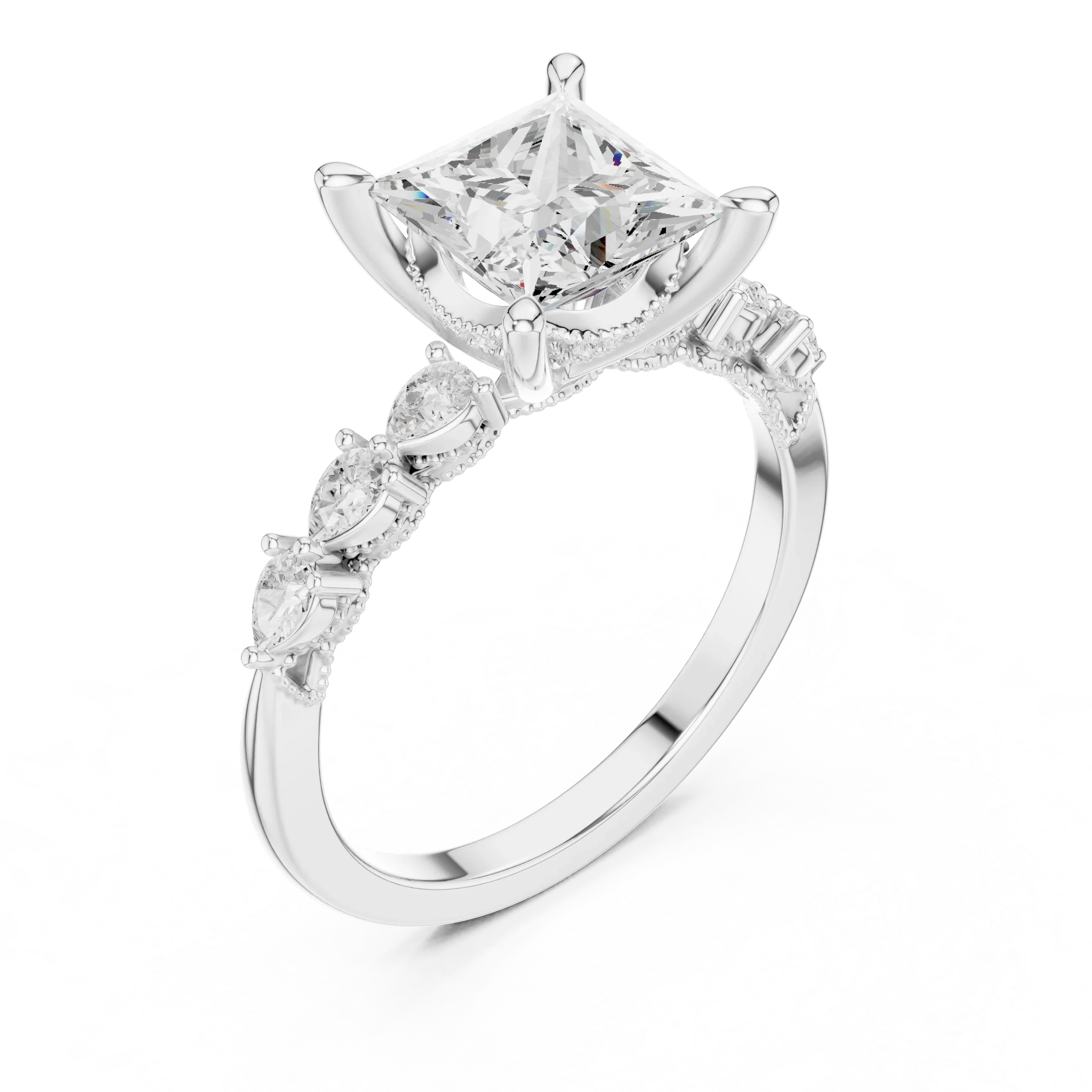 14K White Gold 2.33 CTW Princess Cut Moissanite Engagement Diamond Ring with Pear Shape Side Stones