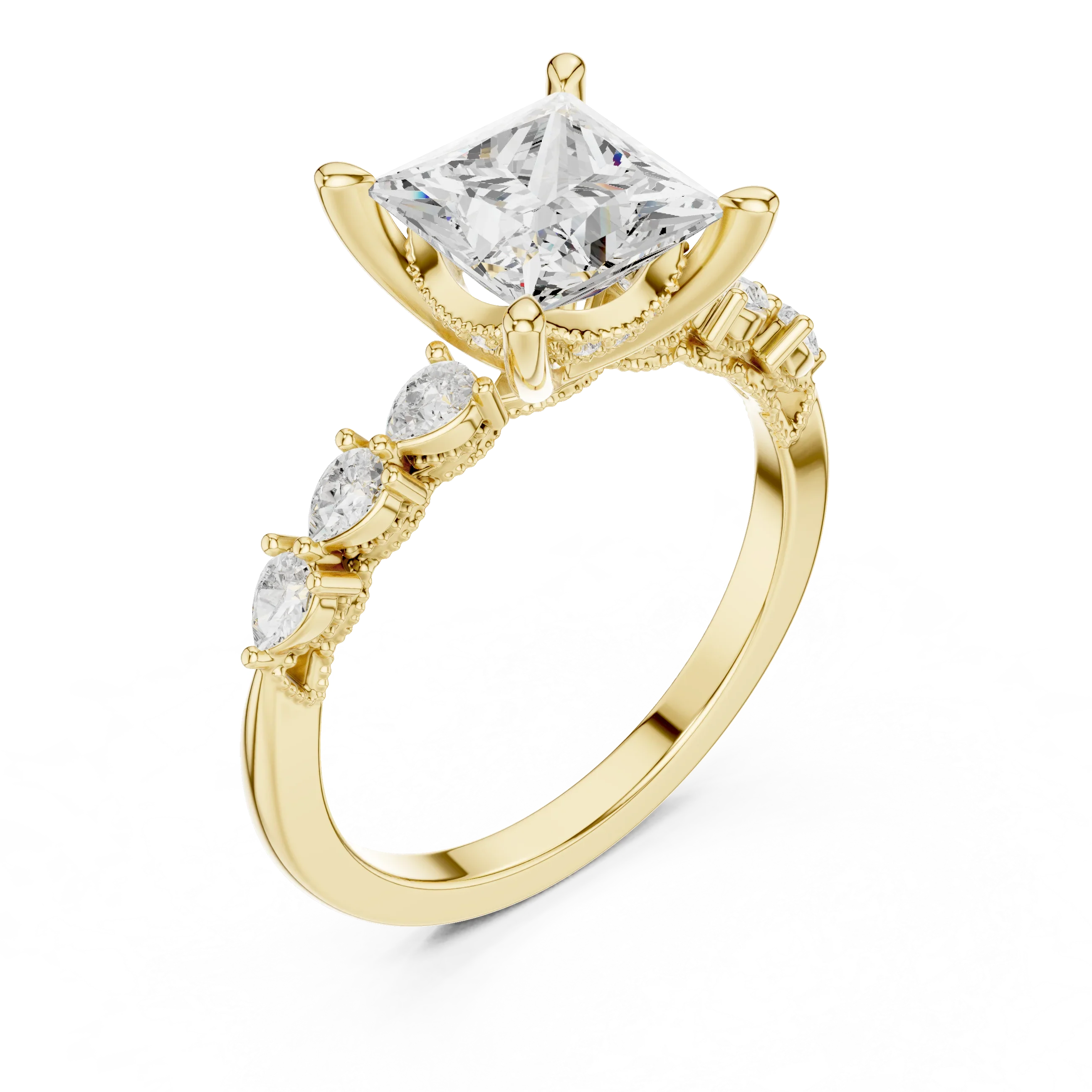 14K White Gold 2.33 CTW Princess Cut Moissanite Engagement Diamond Ring with Pear Shape Side Stones