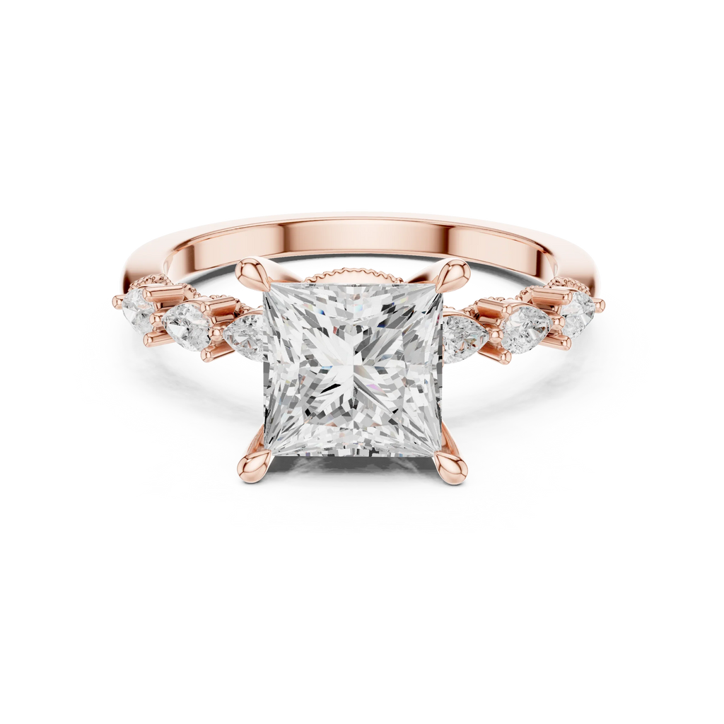 14K White Gold 2.33 CTW Princess Cut Moissanite Engagement Diamond Ring with Pear Shape Side Stones