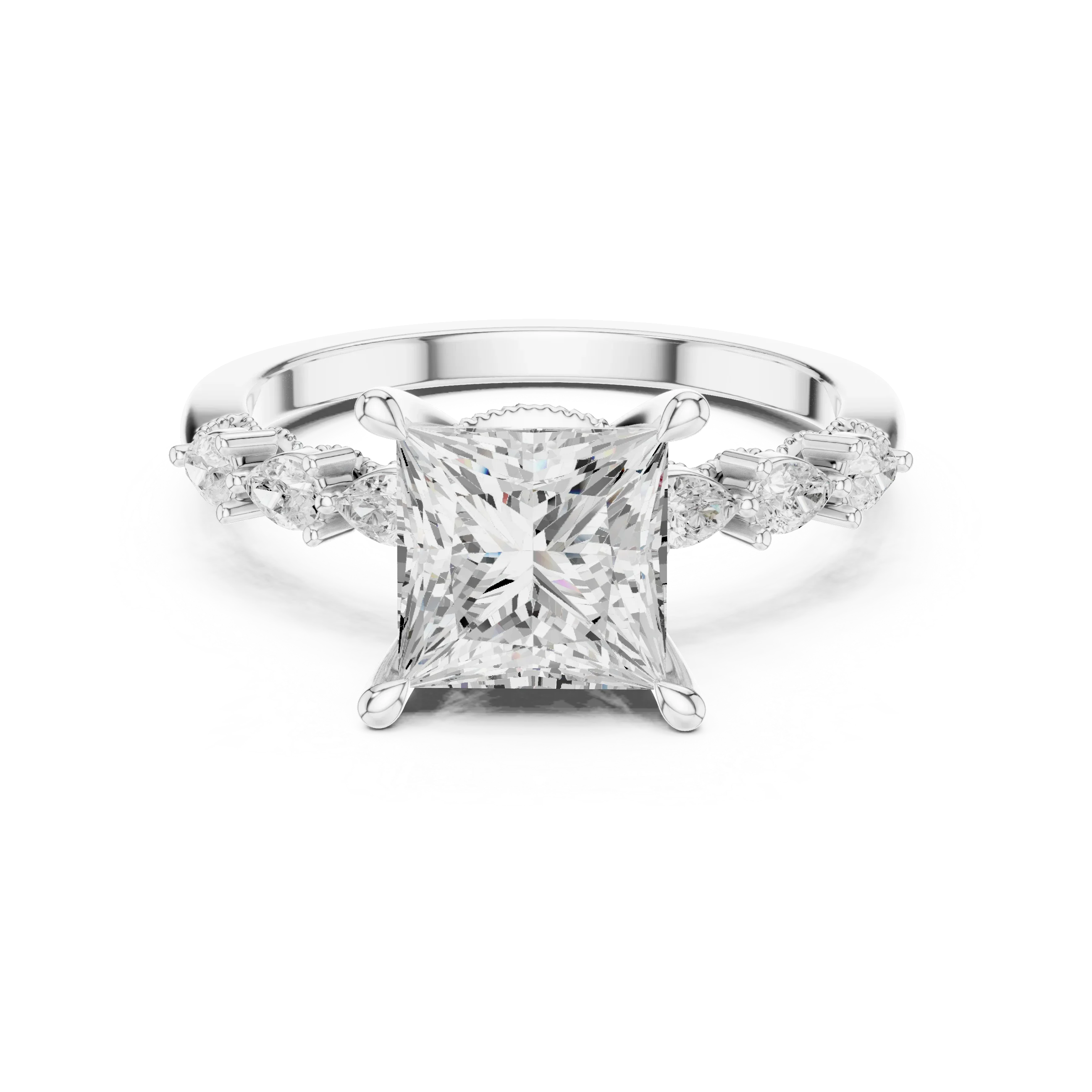 14K White Gold 2.33 CTW Princess Cut Moissanite Engagement Diamond Ring with Pear Shape Side Stones