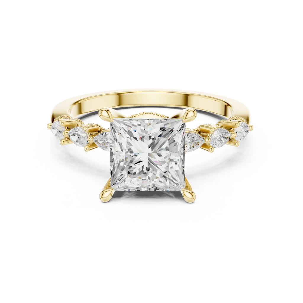 14K White Gold 2.33 CTW Princess Cut Moissanite Engagement Diamond Ring with Pear Shape Side Stones