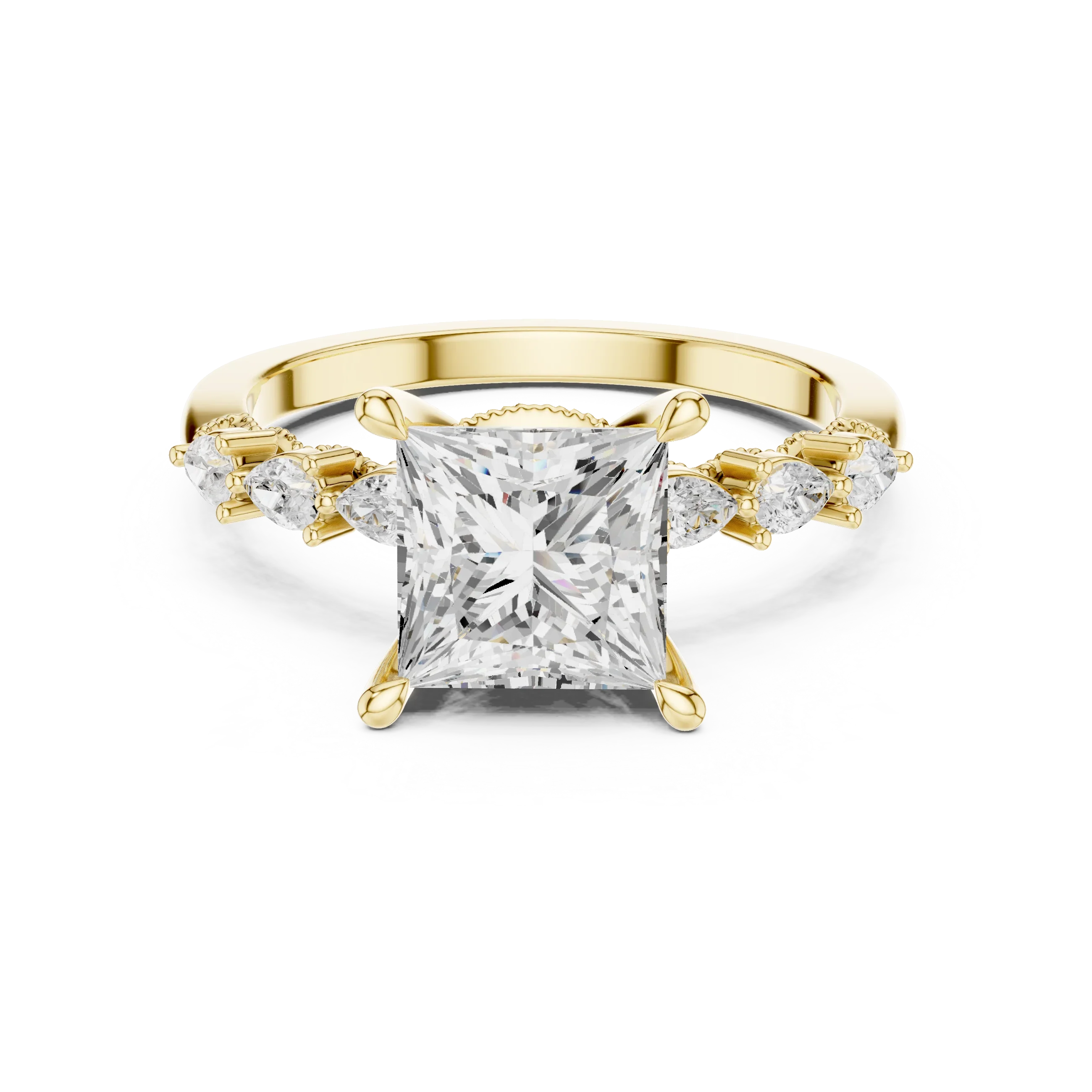 14K White Gold 2.33 CTW Princess Cut Moissanite Engagement Diamond Ring with Pear Shape Side Stones