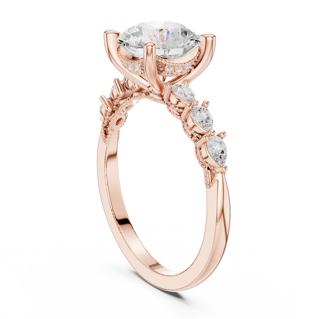 14K White Gold 2.33 CTW Round Cut Moissanite Engagement Diamond Ring with Pear Shape Side Stones
