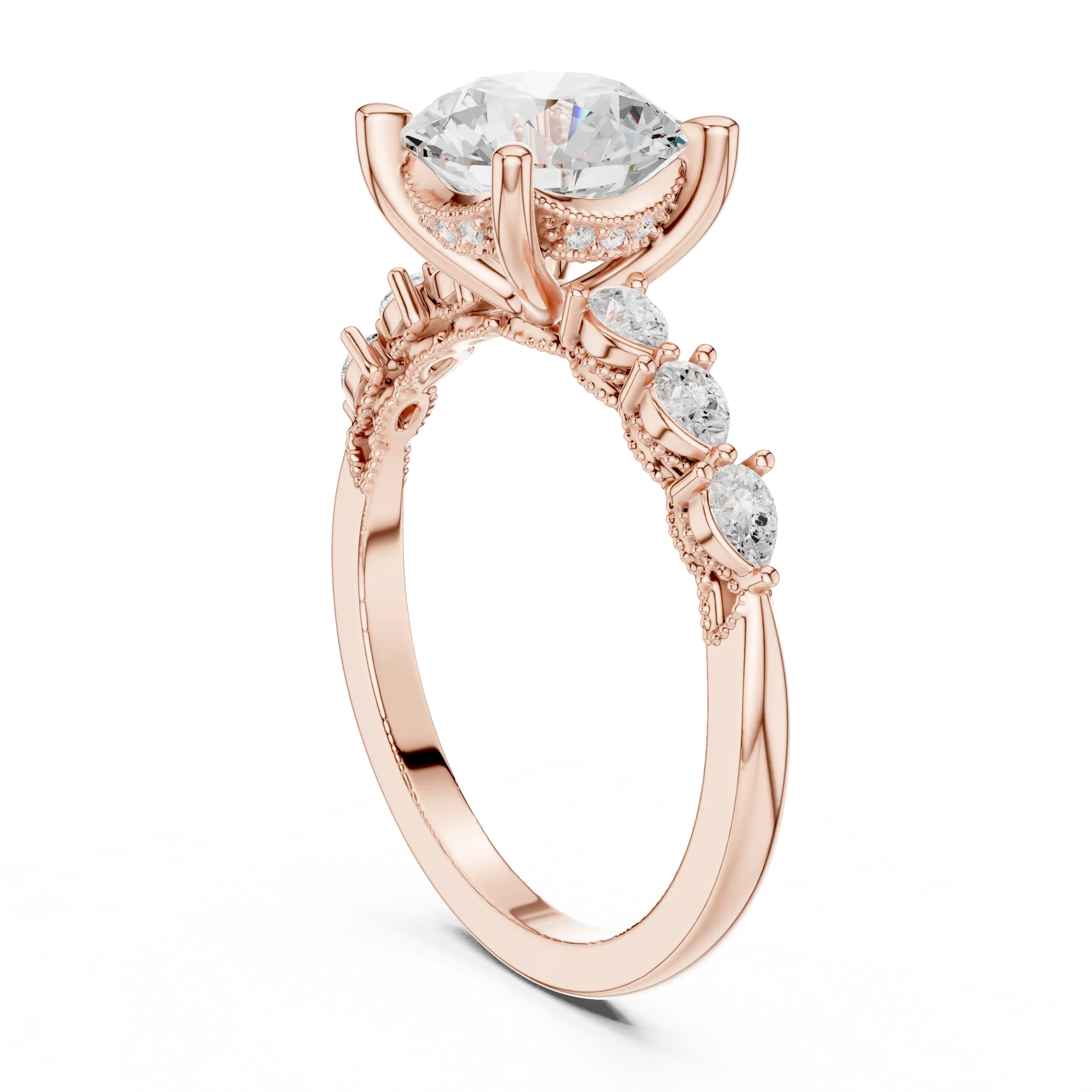14K White Gold 2.33 CTW Round Cut Moissanite Engagement Diamond Ring with Pear Shape Side Stones