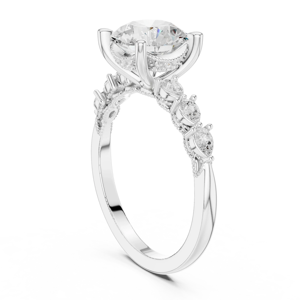14K White Gold 2.33 CTW Round Cut Moissanite Engagement Diamond Ring with Pear Shape Side Stones