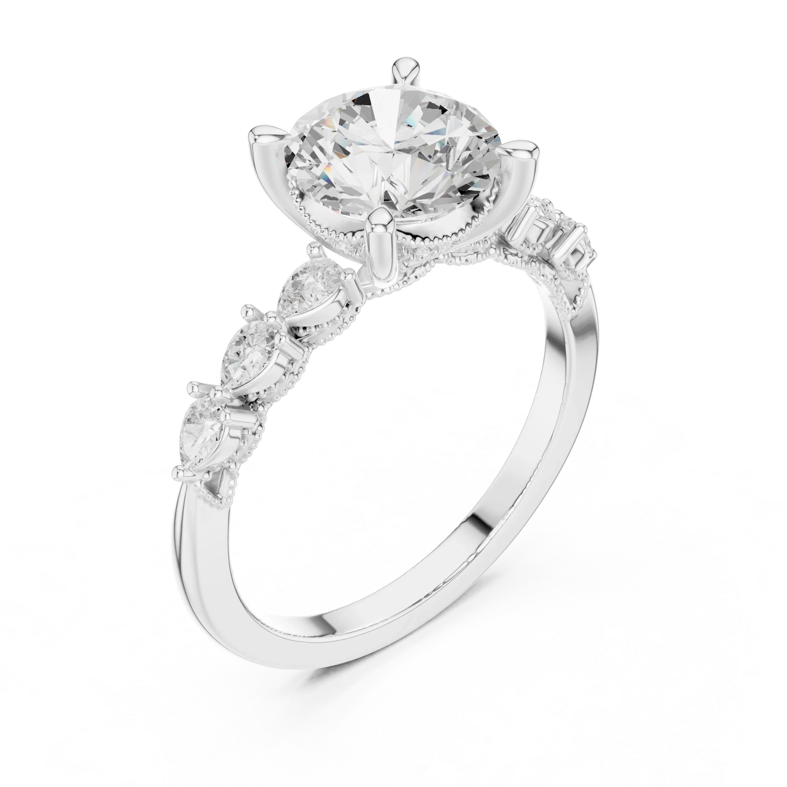 14K White Gold 2.33 CTW Round Cut Moissanite Engagement Diamond Ring with Pear Shape Side Stones