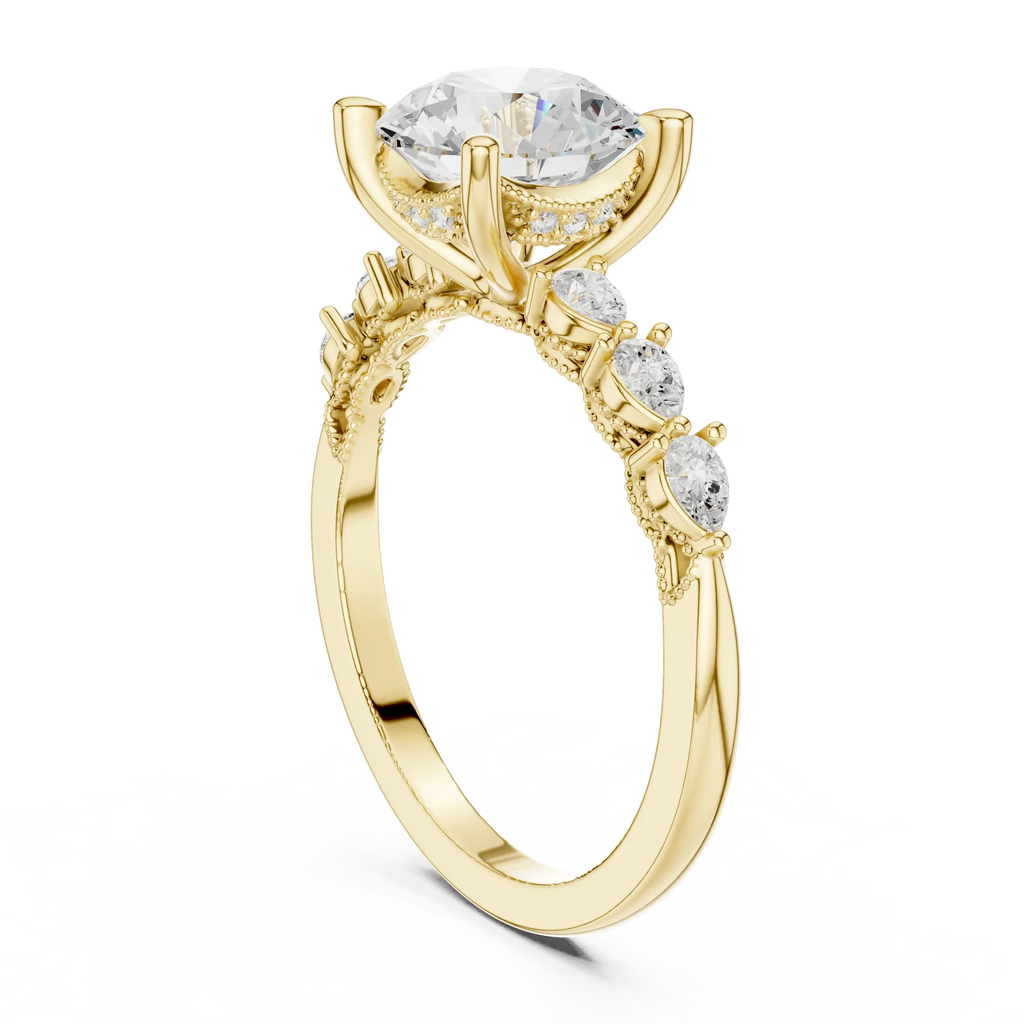14K White Gold 2.33 CTW Round Cut Moissanite Engagement Diamond Ring with Pear Shape Side Stones
