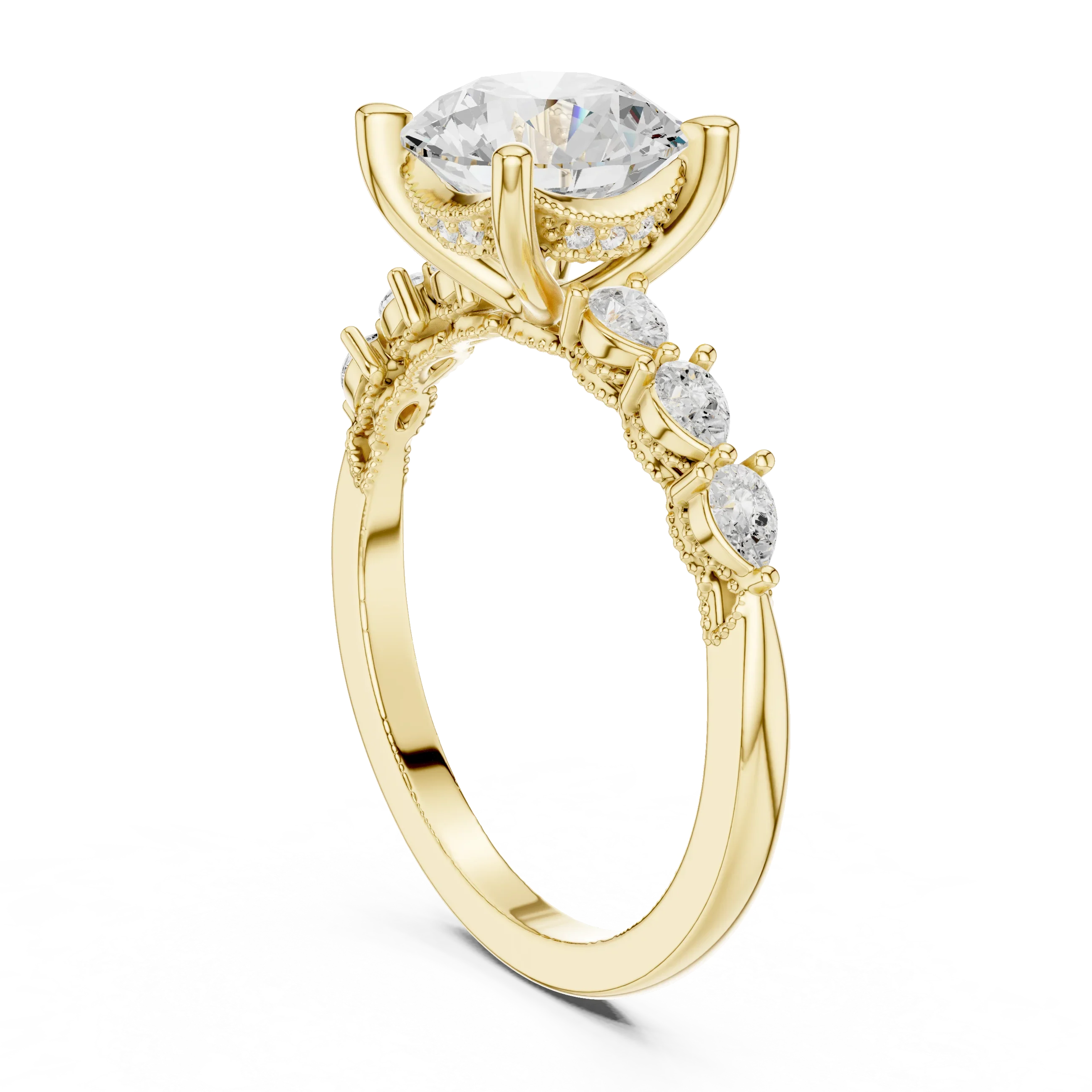 14K White Gold 2.33 CTW Round Cut Moissanite Engagement Diamond Ring with Pear Shape Side Stones