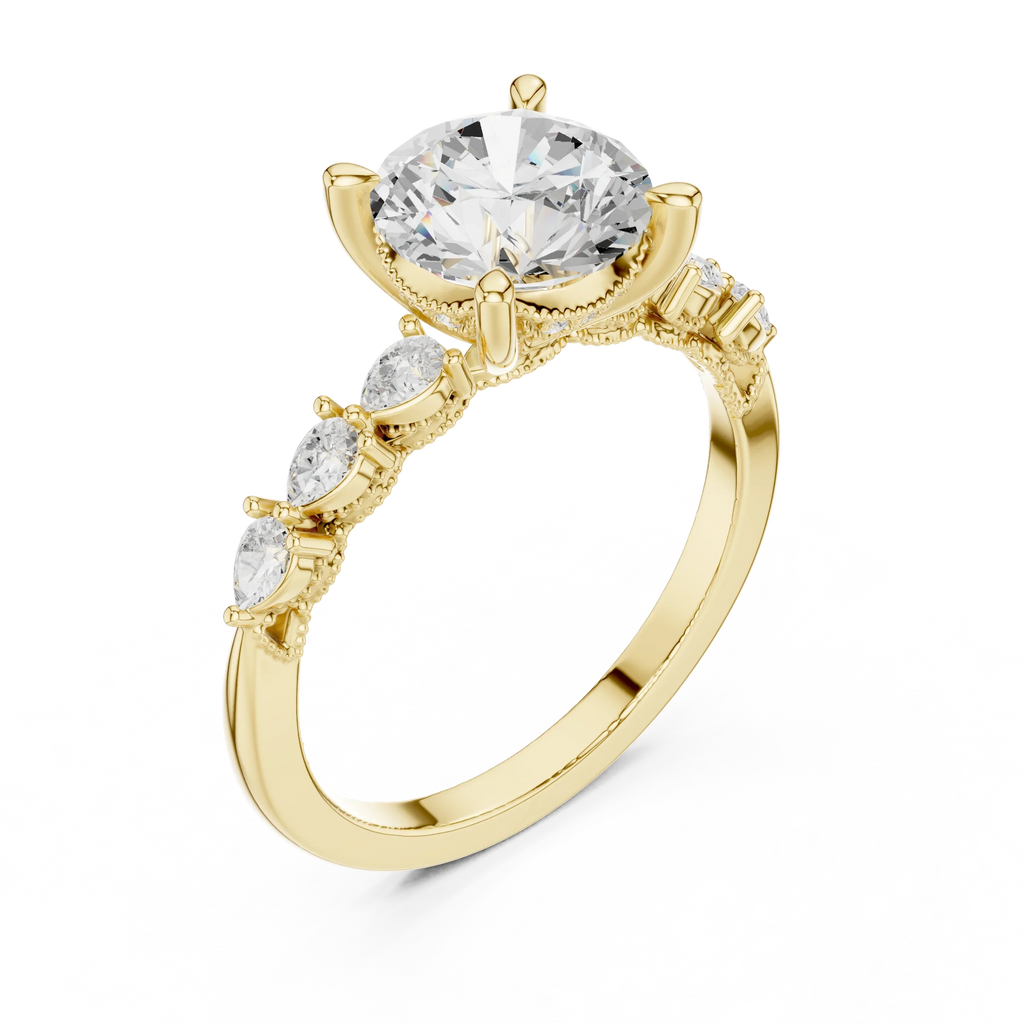 14K White Gold 2.33 CTW Round Cut Moissanite Engagement Diamond Ring with Pear Shape Side Stones