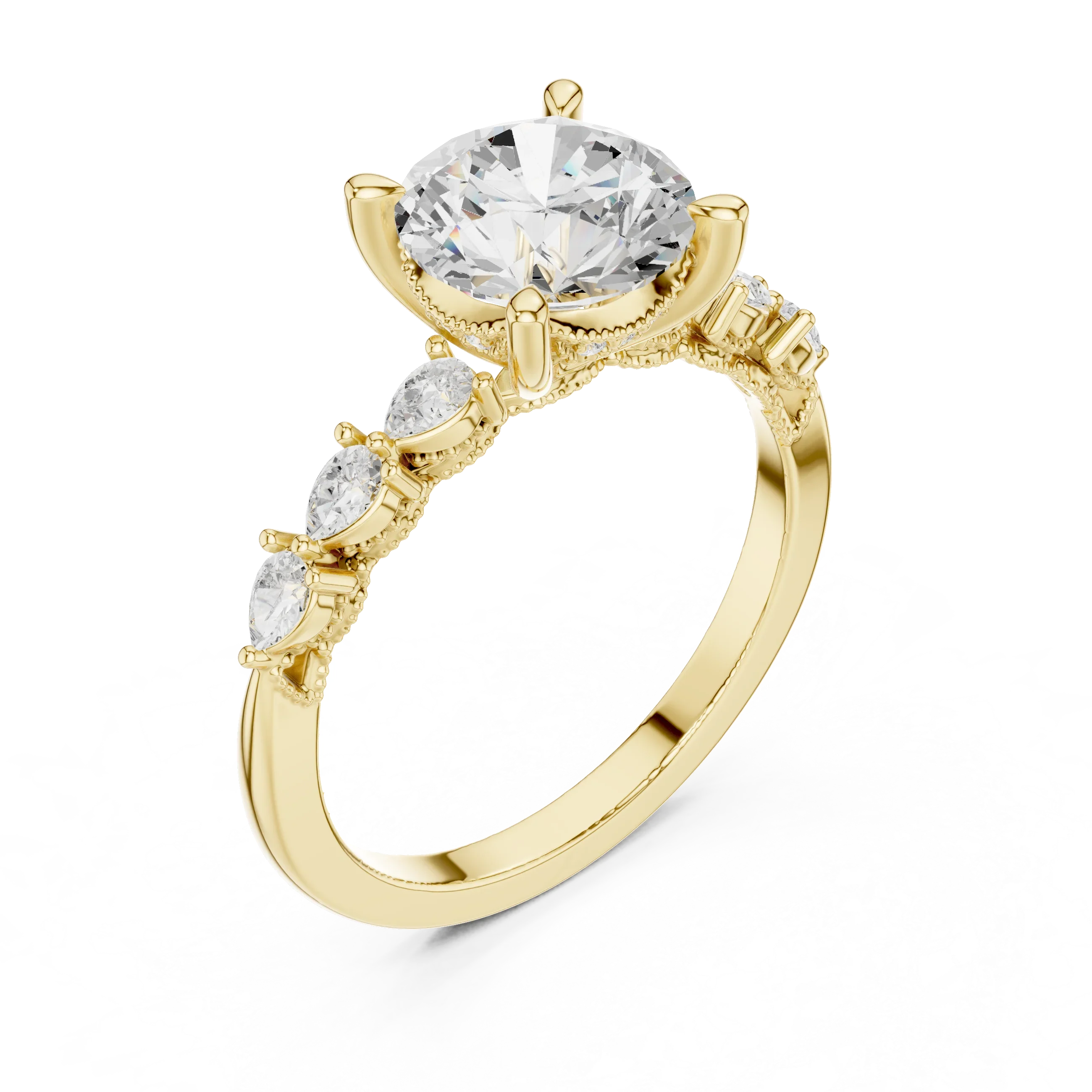 14K White Gold 2.33 CTW Round Cut Moissanite Engagement Diamond Ring with Pear Shape Side Stones