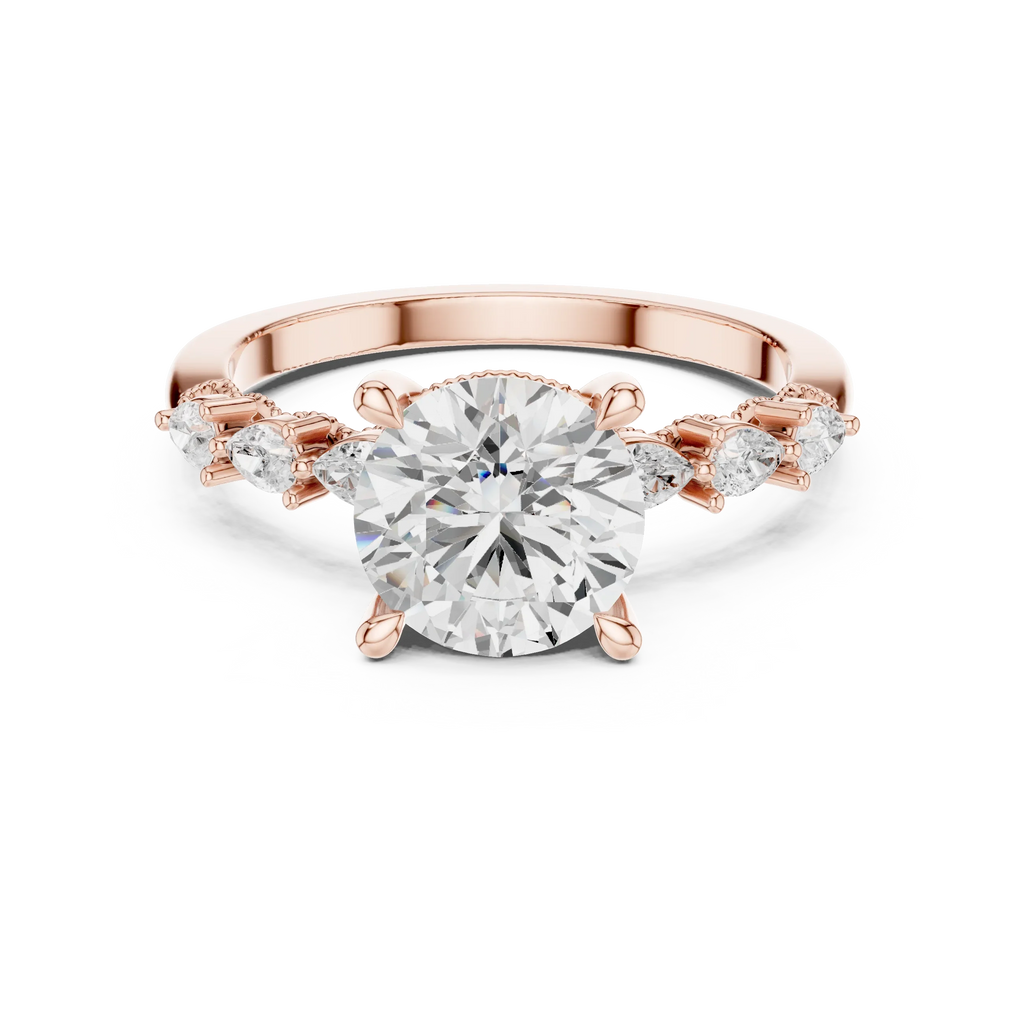 14K White Gold 2.33 CTW Round Cut Moissanite Engagement Diamond Ring with Pear Shape Side Stones