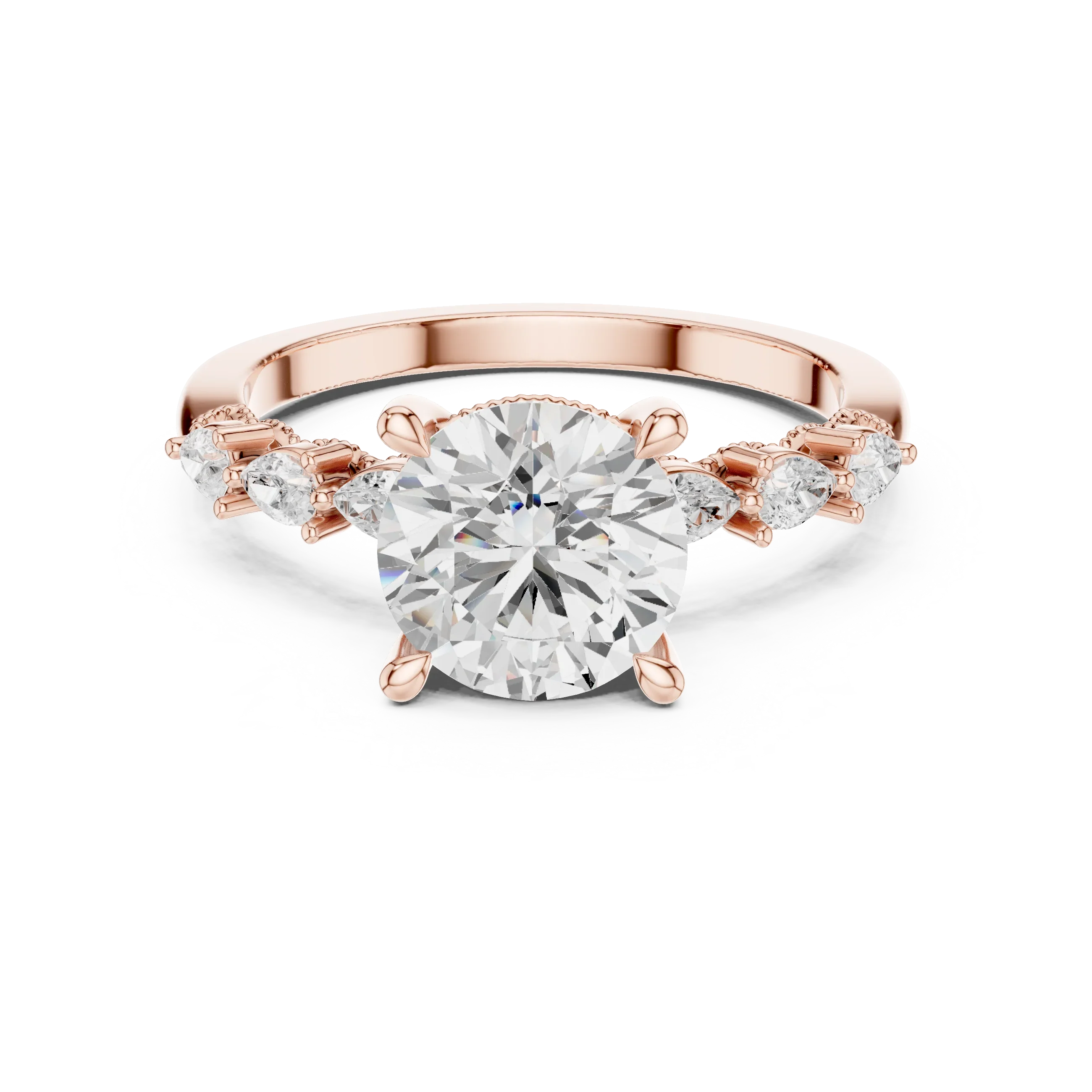 14K White Gold 2.33 CTW Round Cut Moissanite Engagement Diamond Ring with Pear Shape Side Stones