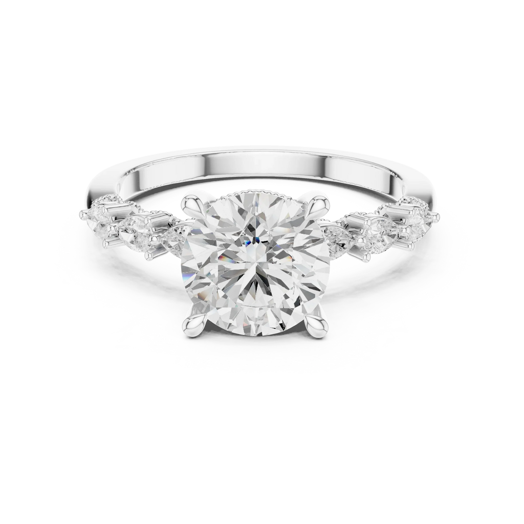 14K White Gold 2.33 CTW Round Cut Moissanite Engagement Diamond Ring with Pear Shape Side Stones