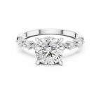 14K White Gold 2.33 CTW Round Cut Moissanite Engagement Diamond Ring with Pear Shape Side Stones