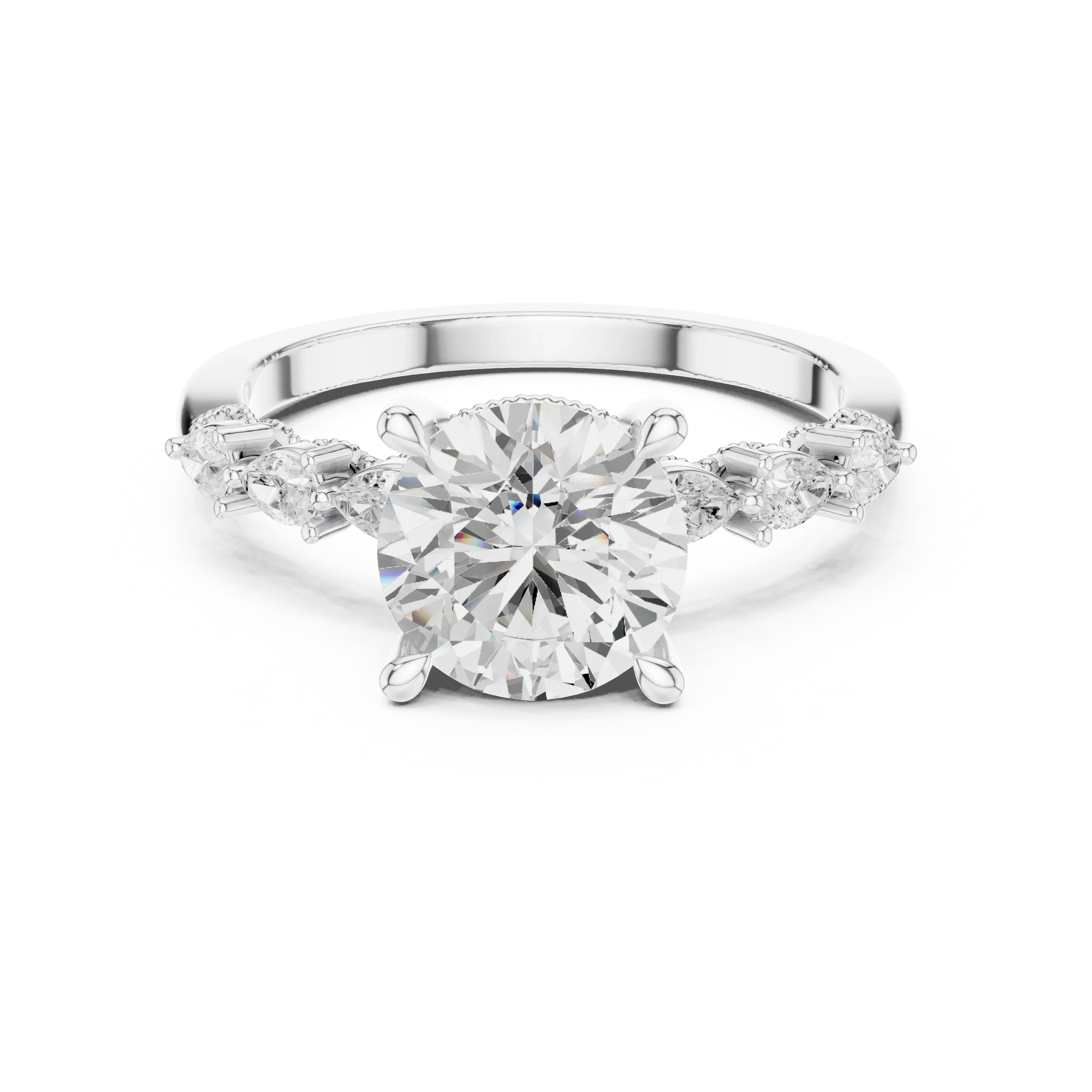 14K White Gold 2.33 CTW Round Cut Moissanite Engagement Diamond Ring with Pear Shape Side Stones