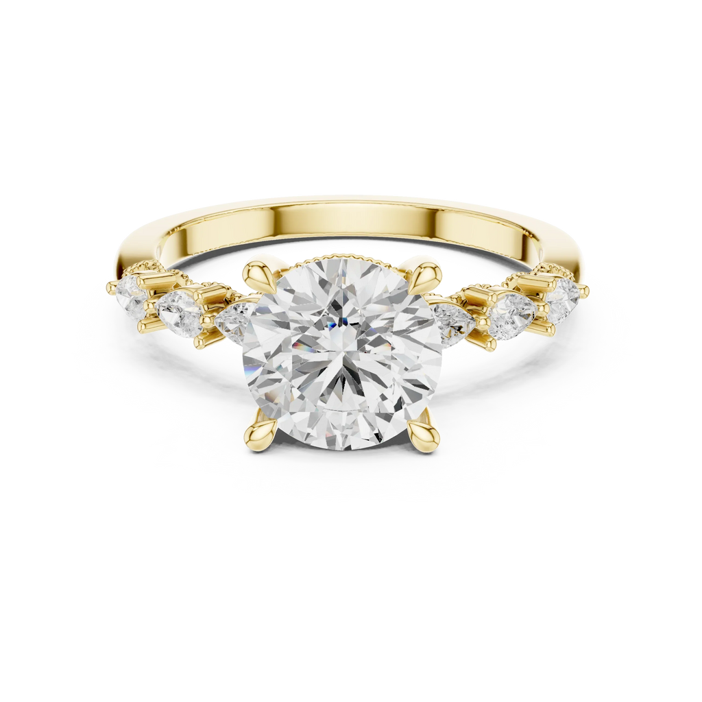 14K White Gold 2.33 CTW Round Cut Moissanite Engagement Diamond Ring with Pear Shape Side Stones